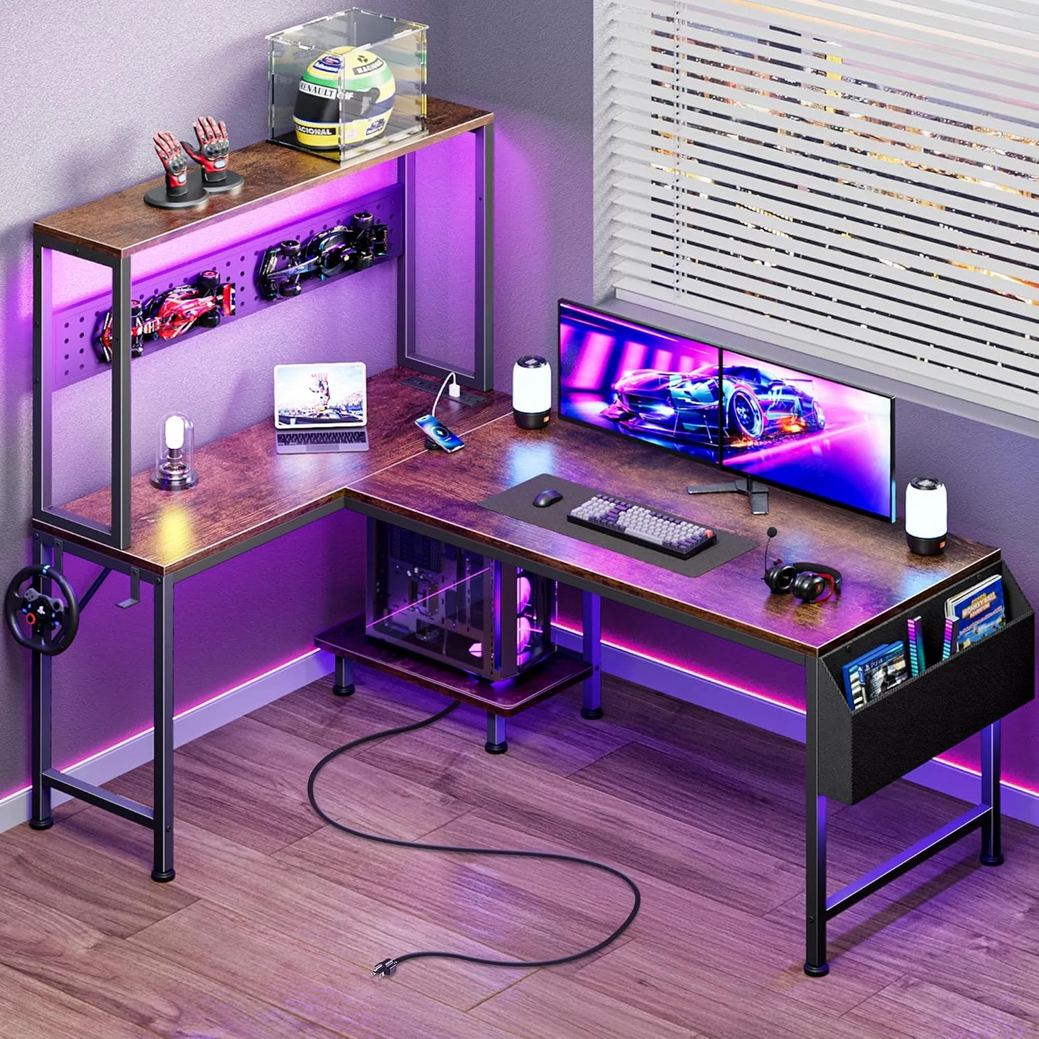 L Shaped Gaming Desk with LED Lights & Power Outlets, Reversible Computer Desk with Storage Shelves & Bag - Image 11