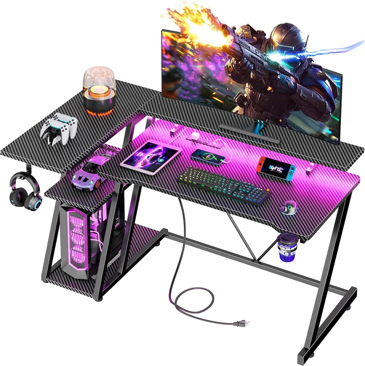 40 Inch Gaming Desk with Power Outlet & LED Lights, L Shaped Computer Gaming Table with 3 Tiers Storage Shelves