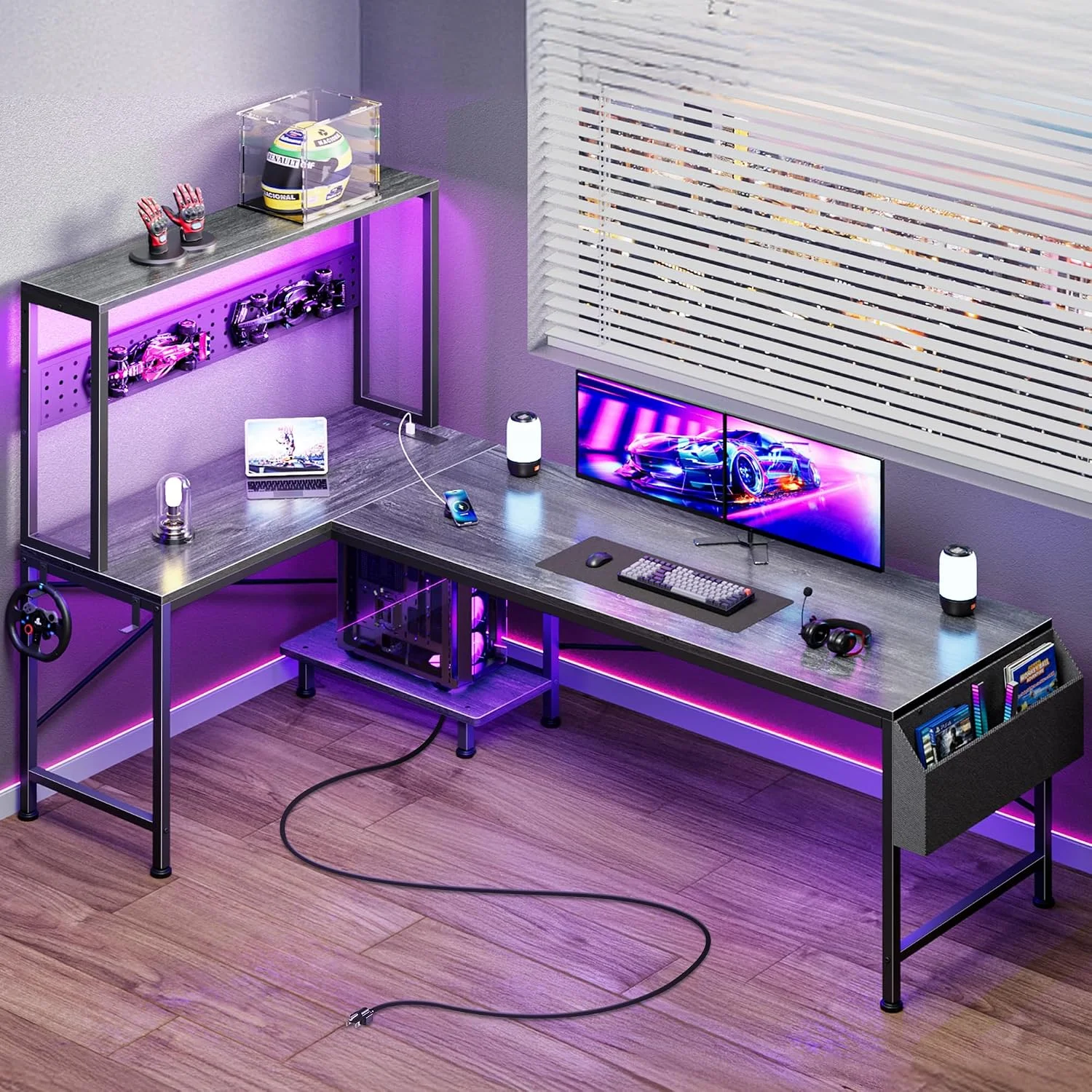 L Shaped Gaming Desk with LED Lights & Power Outlets, Reversible Computer Desk with Storage Shelves & Bag - Image 4