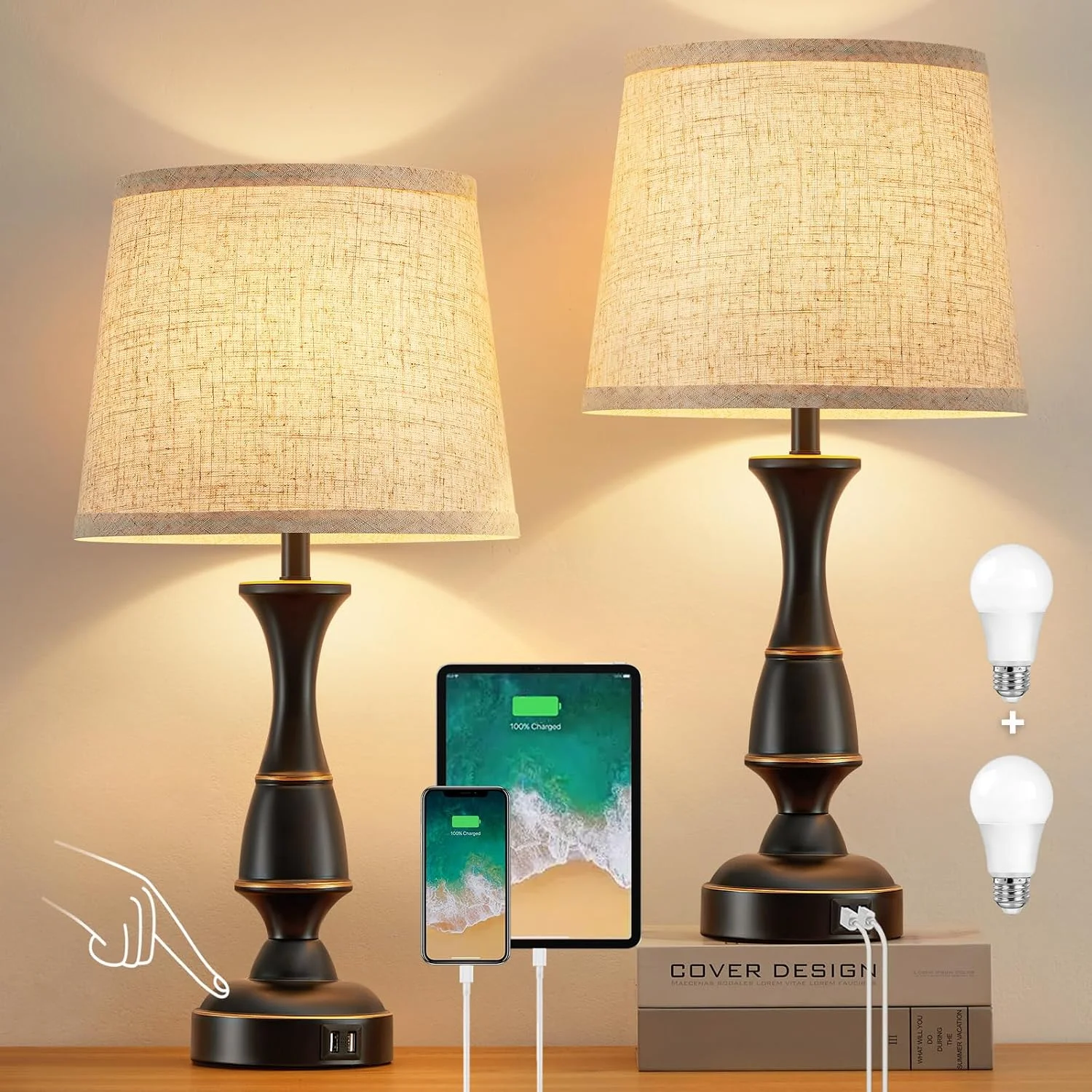 Table Lamp Set of 2, 19 Farmhouse Vintage Bedside Lamps for Living Room & Bedroom - Image 11