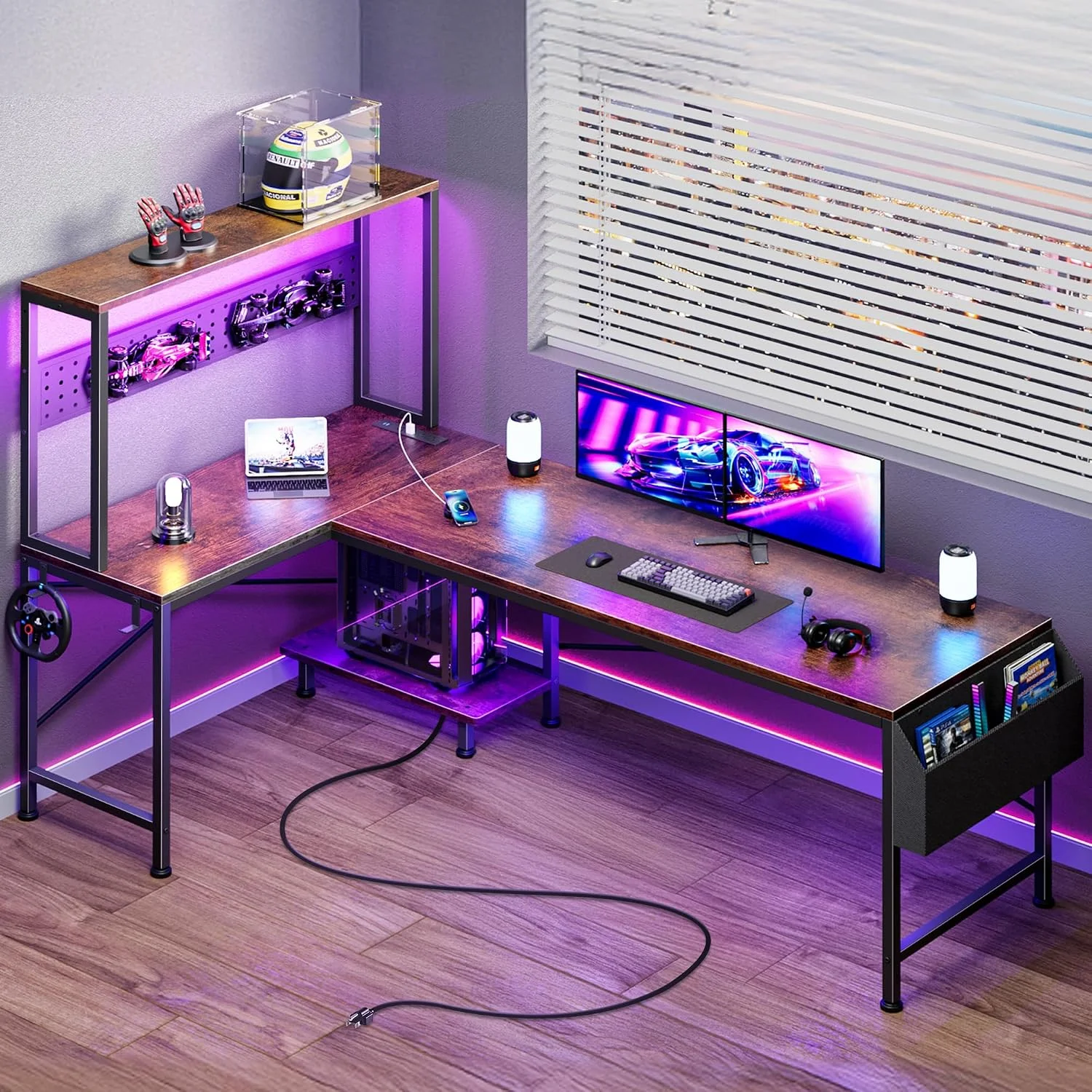 L Shaped Gaming Desk with LED Lights & Power Outlets, Reversible Computer Desk with Storage Shelves & Bag - Image 7