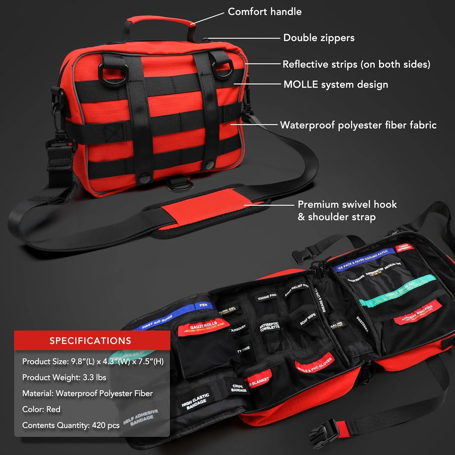 First Aid Kit, Well-Organized Premium Waterproof Compact Trauma Medical Kits for Any Emergencies, Set of 430 - Image 7