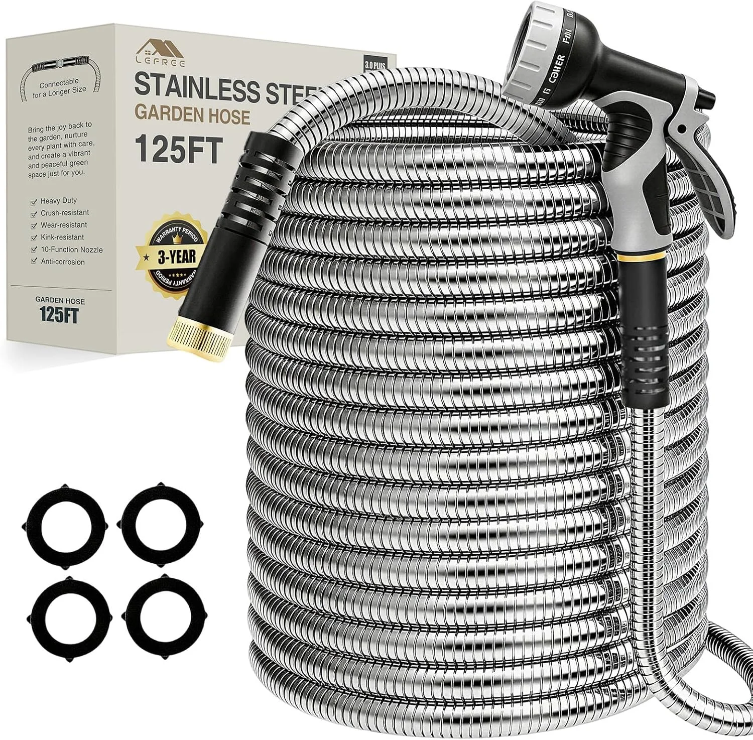 150ft Stainless Steel Garden Hose, No-Kink Leak-Proof Crush Resistant, 10-Function Nozzle for Lawn Care - Image 4
