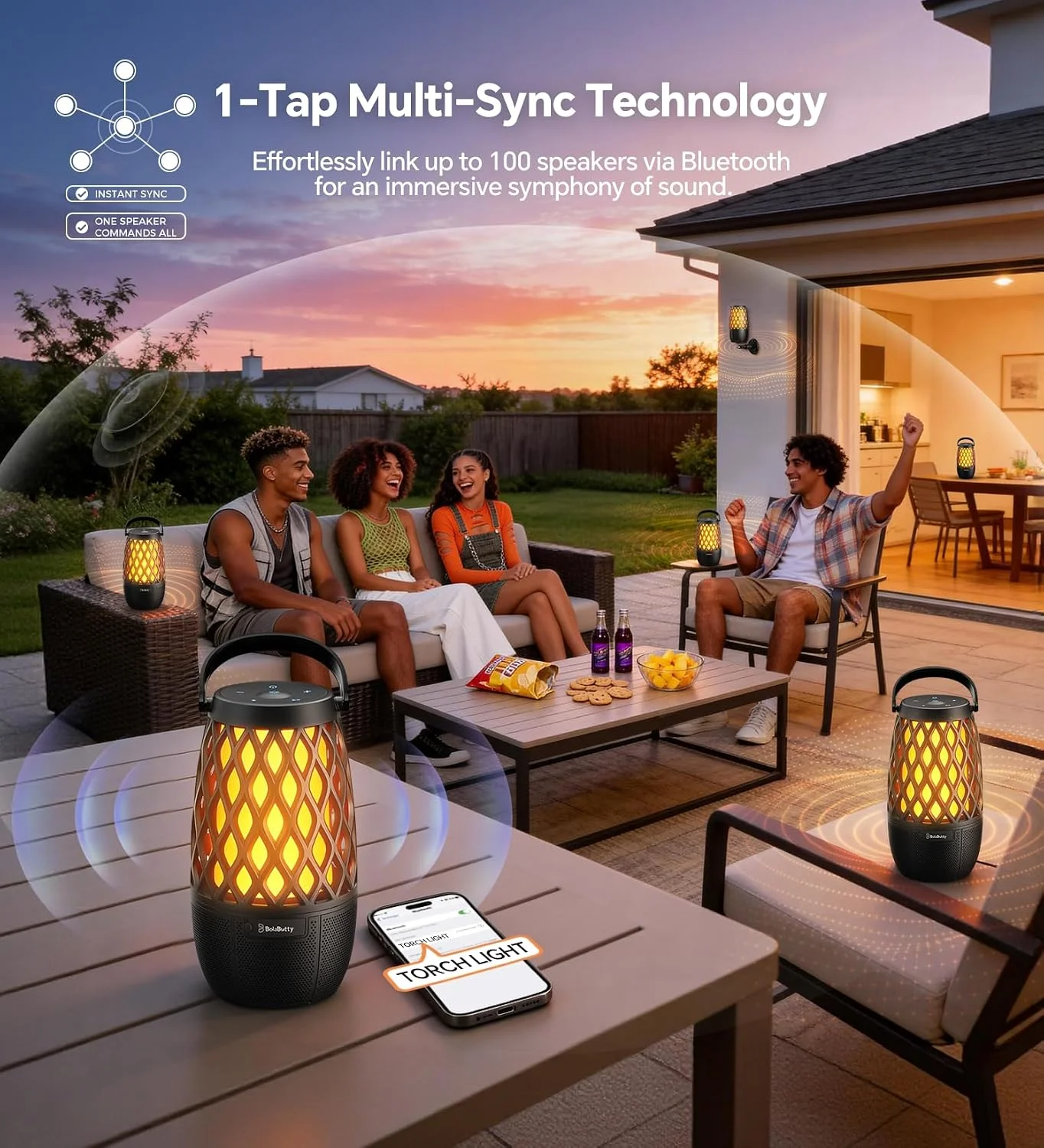 Speakers Gifts for Men Bluetooth Speaker with Lights Multi-Sync up to 100 Speakers Auto-Pairing HD Stereo Sound - Image 4