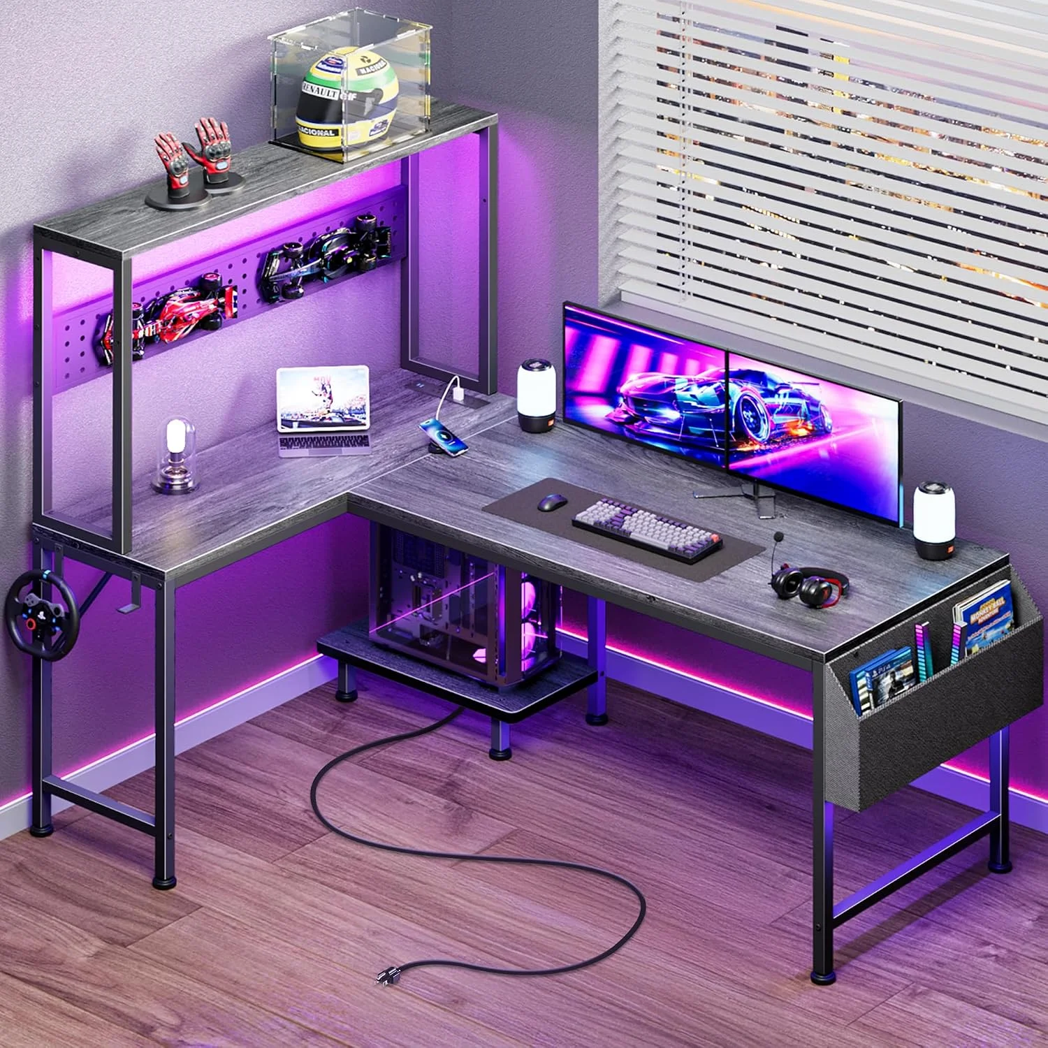 L Shaped Gaming Desk with LED Lights & Power Outlets, Reversible Computer Desk with Storage Shelves & Bag - Image 6