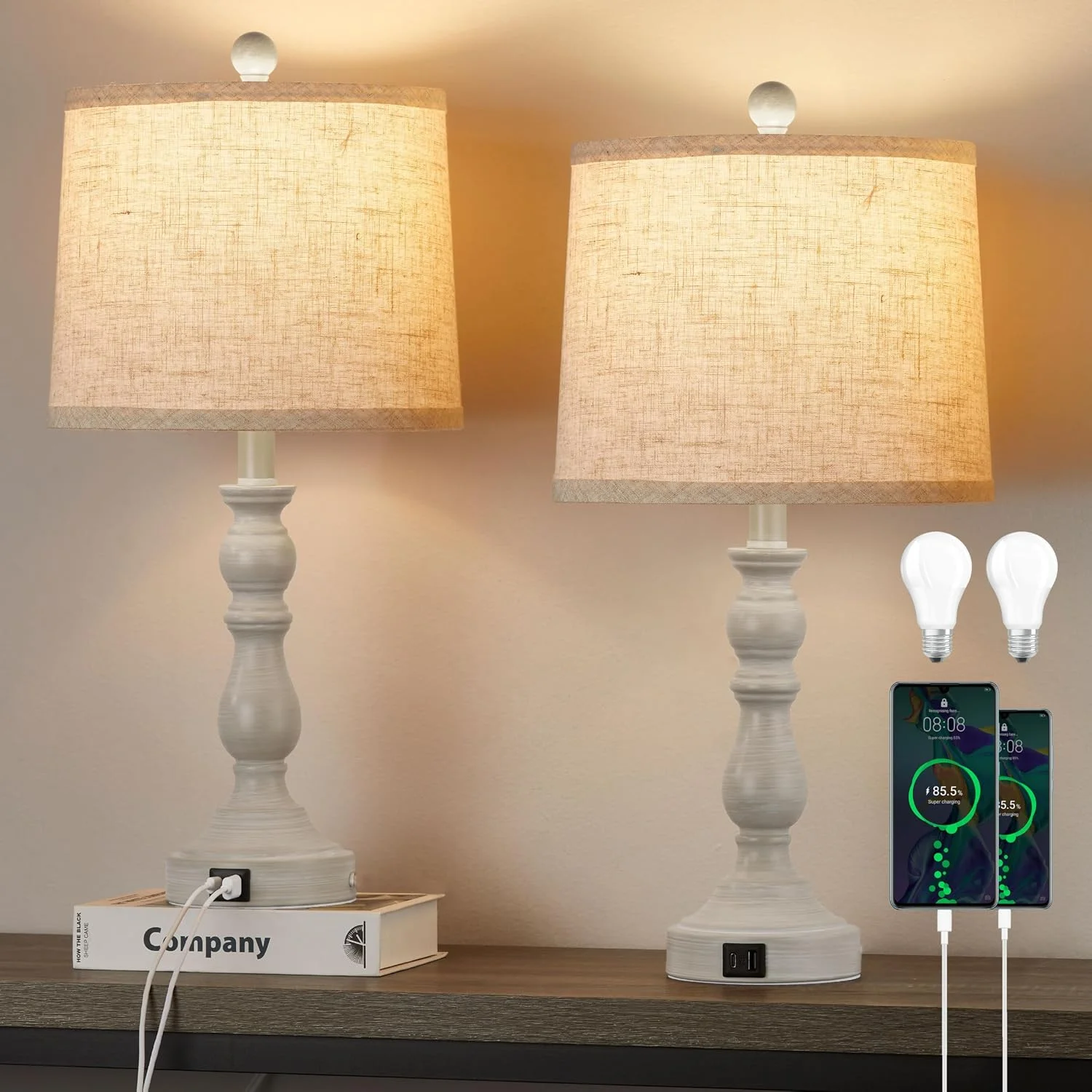 23'' Farmhouse Table Lamps for Living Room Set of 2 with USB C+A Ports, 3-Color Temperature, Bulb Included - Image 5
