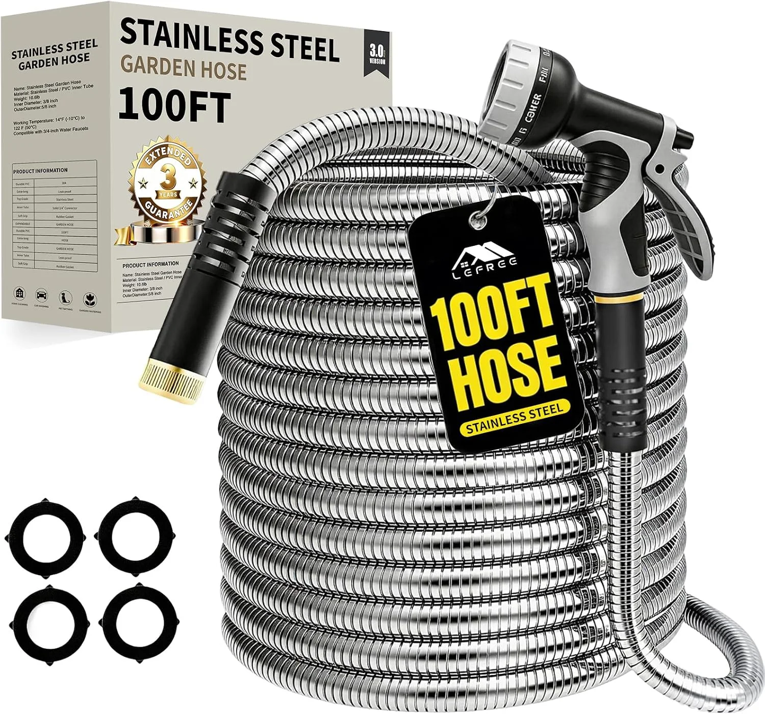 150ft Stainless Steel Garden Hose, No-Kink Leak-Proof Crush Resistant, 10-Function Nozzle for Lawn Care - Image 7