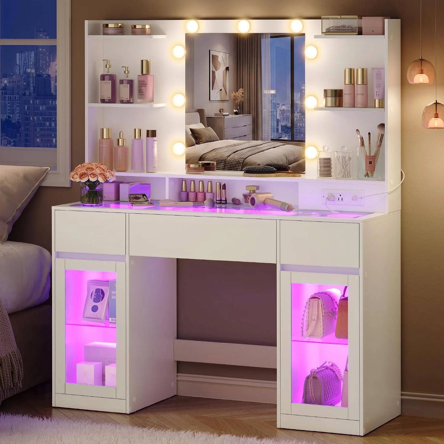 KAILYN Collection, Vanity Desk with Mirror and 9 LED Bulbs, Dressing Table with 9 Drawers - Image 5