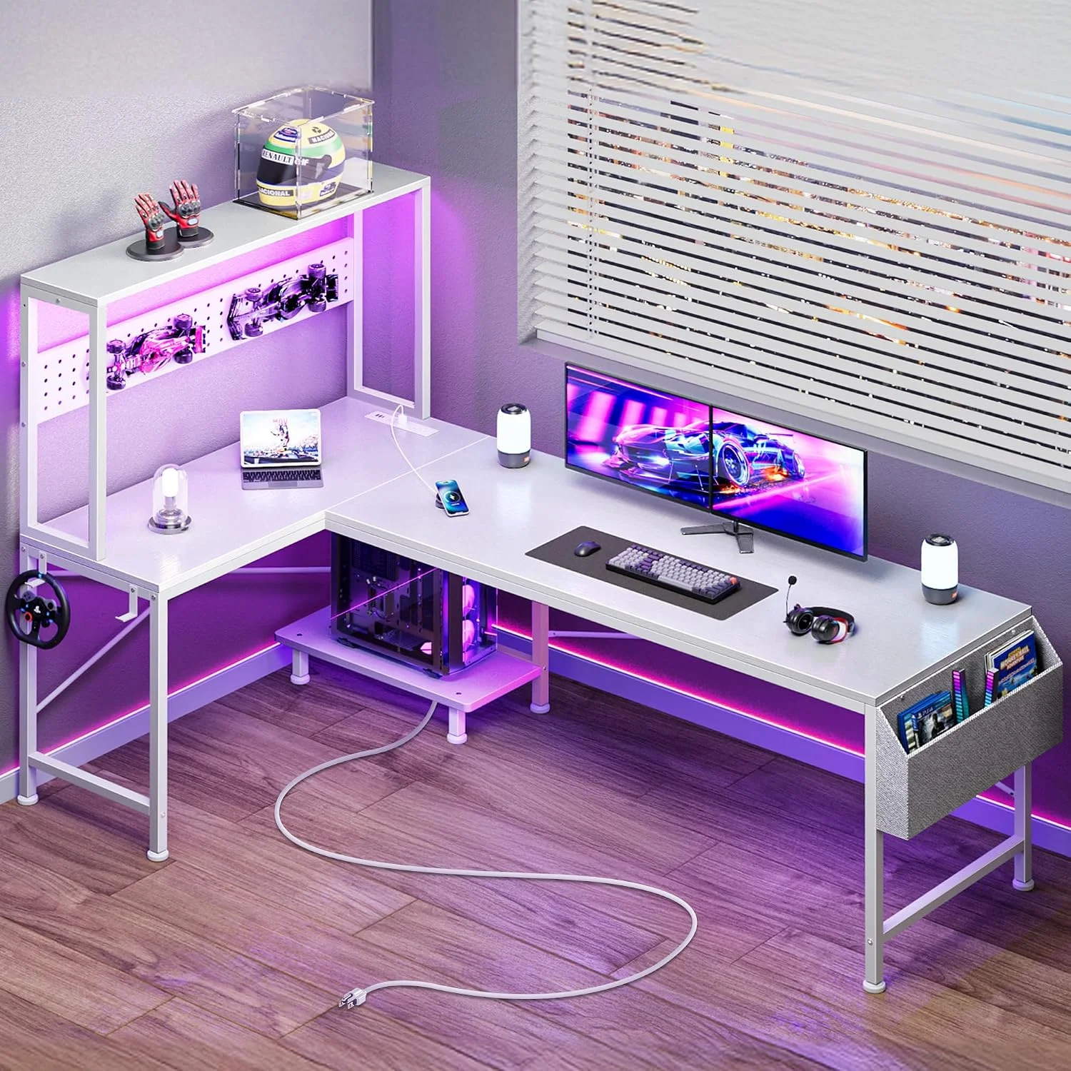 L Shaped Gaming Desk with LED Lights & Power Outlets, Reversible Computer Desk with Storage Shelves & Bag - Image 8