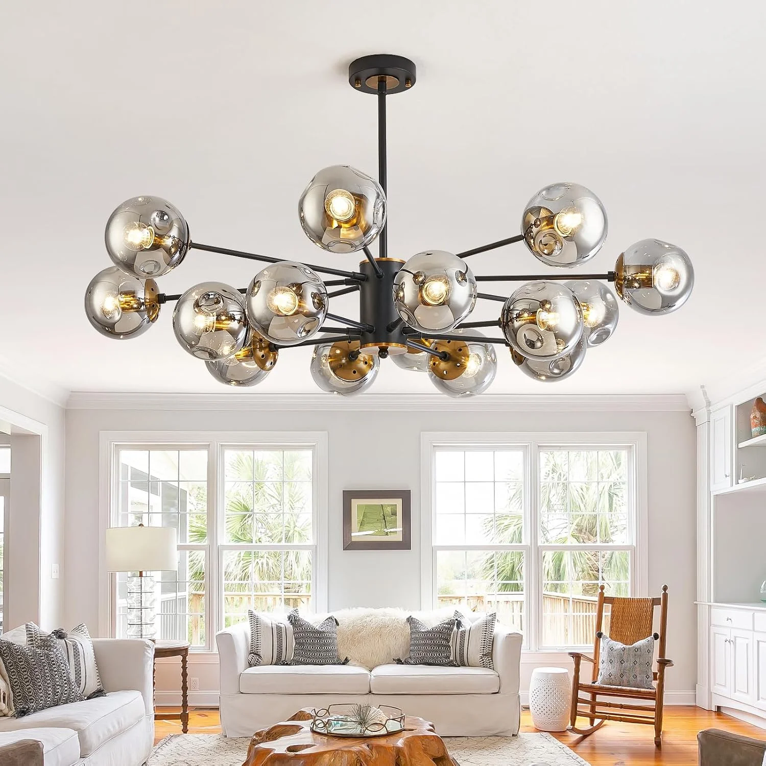 6-Light Glass Globe Sputnik Chandelier Modern Matte Black and Gold Ceiling Light Fixture Vintage Hanging - Image 5