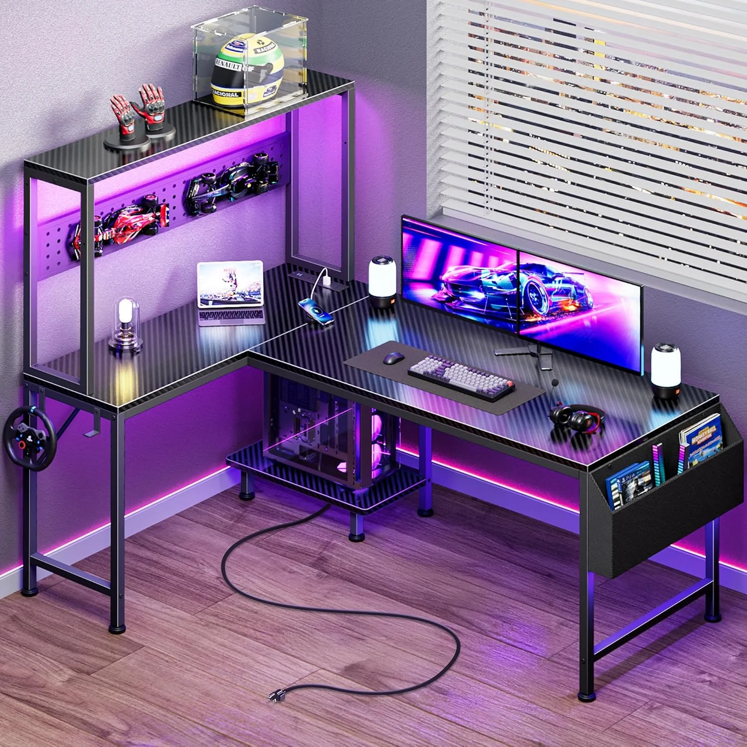 L Shaped Gaming Desk with LED Lights & Power Outlets, Reversible Computer Desk with Storage Shelves & Bag - Image 5