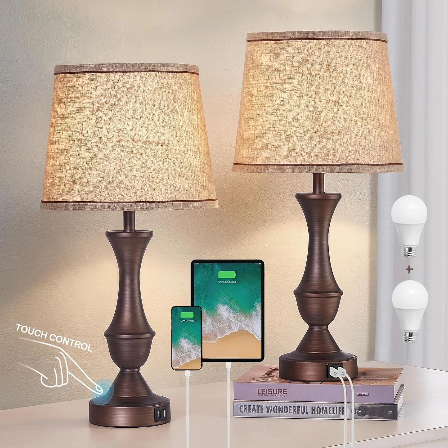Table Lamp Set of 2, 19 Farmhouse Vintage Bedside Lamps for Living Room & Bedroom - Image 8
