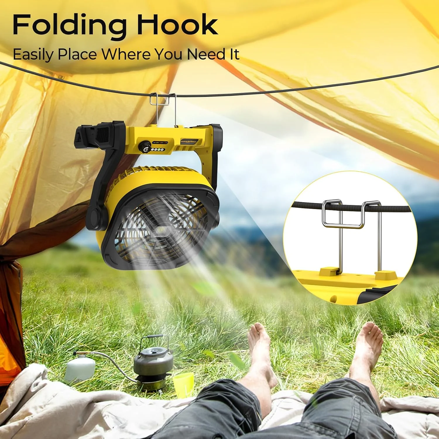 Battery Operated Fan for Dewalt 20V Max battery, Portable Fan with AC Adapter & LED Lights, 4 Speeds & Hook - Image 6