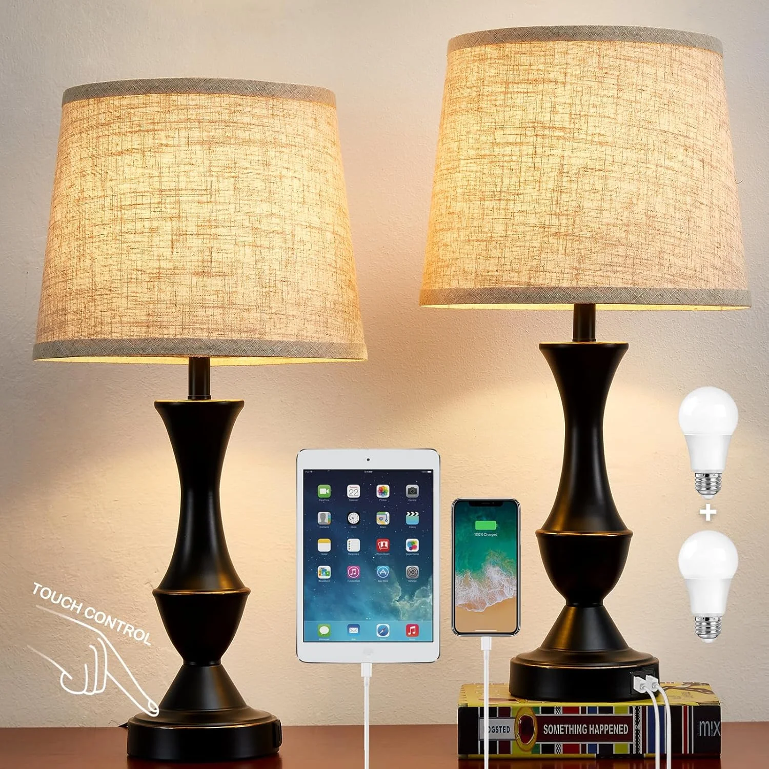 Table Lamp Set of 2, 19 Farmhouse Vintage Bedside Lamps for Living Room & Bedroom - Image 5