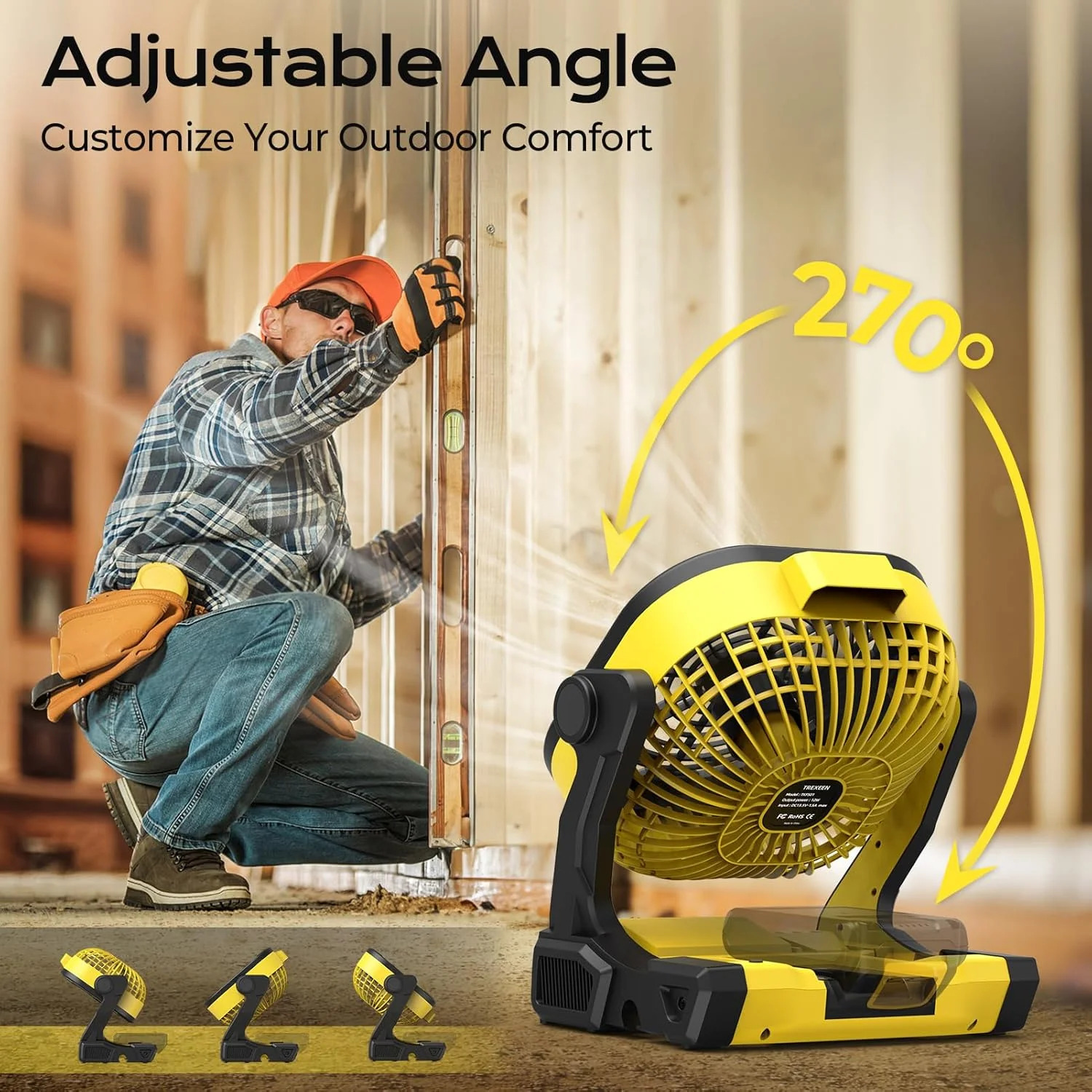 Battery Operated Fan for Dewalt 20V Max battery, Portable Fan with AC Adapter & LED Lights, 4 Speeds & Hook - Image 4