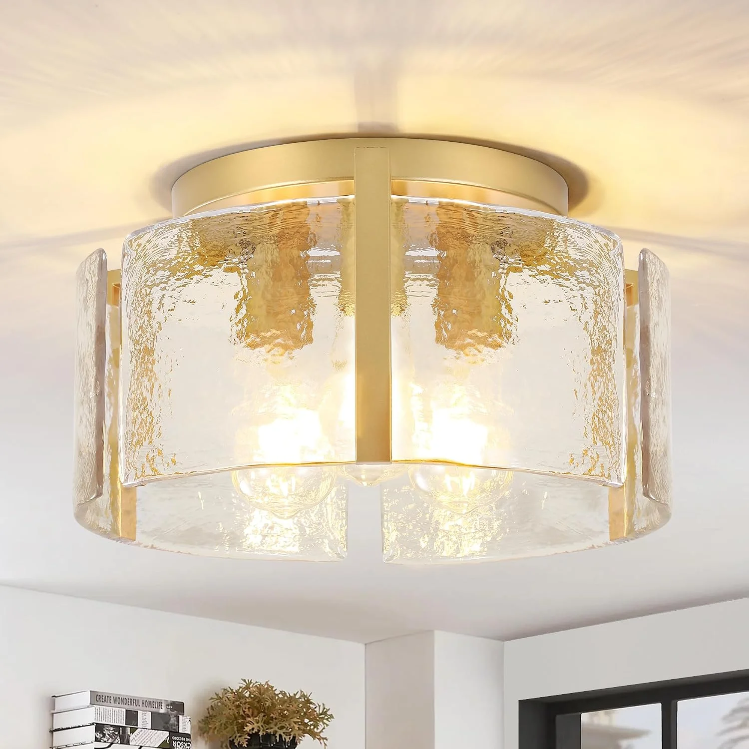 Modern Gold Semi Flush Mount Ceiling Light, Dimmable, 3-Light Farmhouse Glass Drum Light Fixture - Image 5