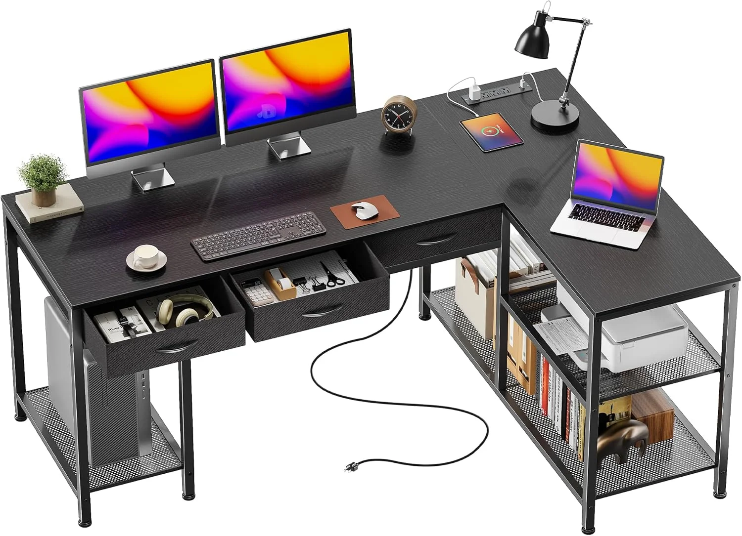 55 Inch L Shaped Office Desk with Power Outlets and Type-C Port, Large Computer Gaming Desk with 3 Fabric - Image 4