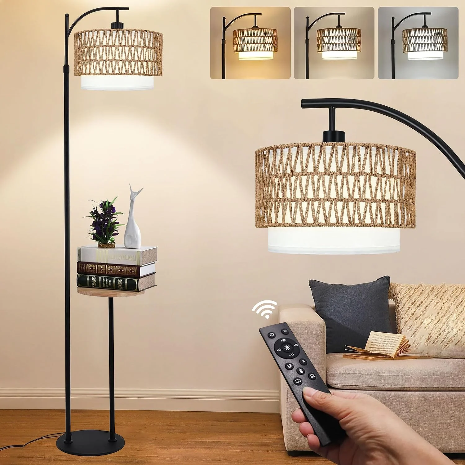 Floor Lamp for Living Room Rattan Boho Floor Lamp with Remote Control, Dimmable, 3-Color Temperature - Image 7