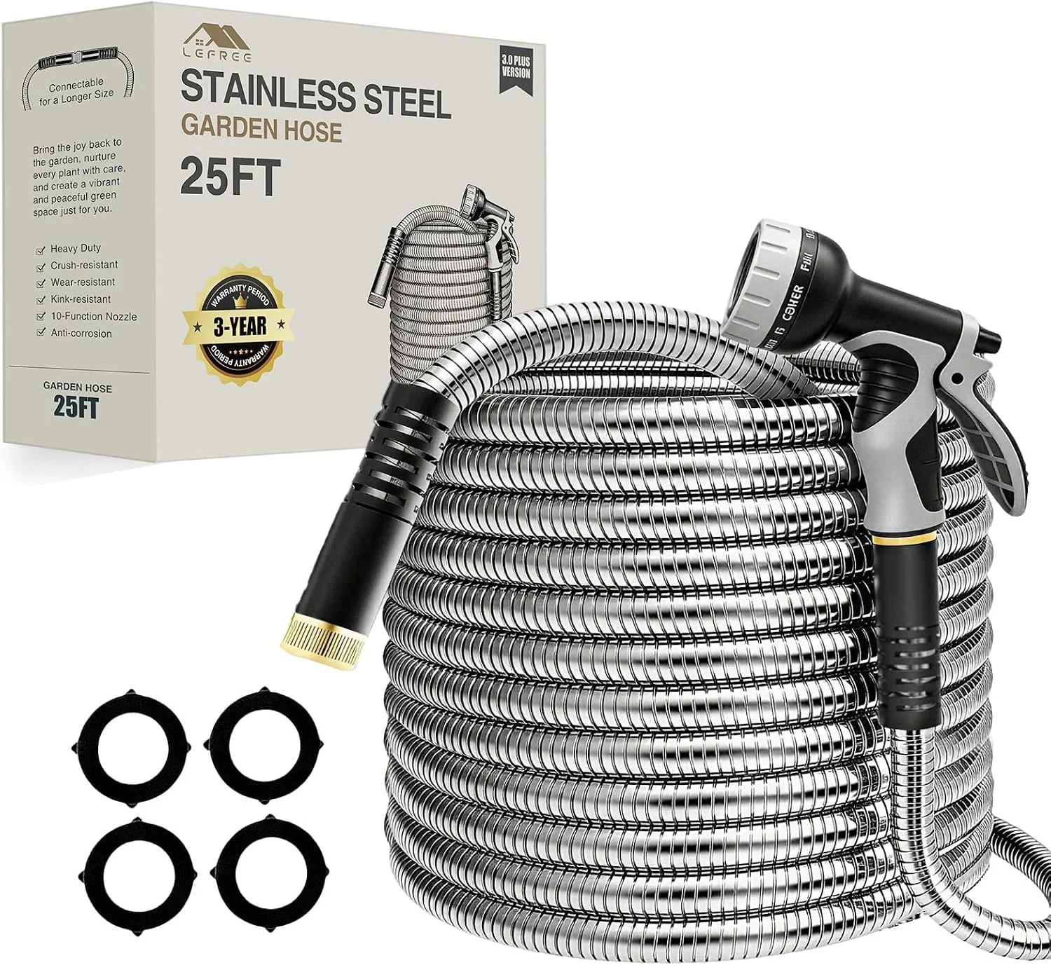 150ft Stainless Steel Garden Hose, No-Kink Leak-Proof Crush Resistant, 10-Function Nozzle for Lawn Care - Image 6