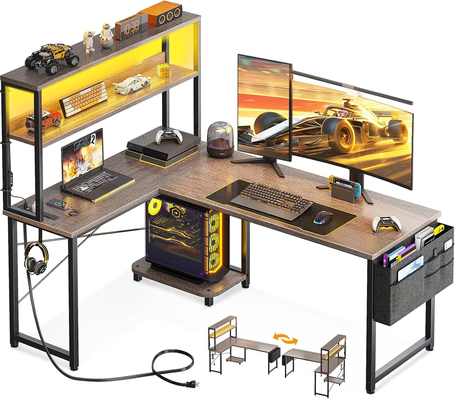 L Shaped Desk Gaming Desk with LED Light & Power Outlet, 53 Inch Black Reversible L Shaped Computer Table with - Image 9
