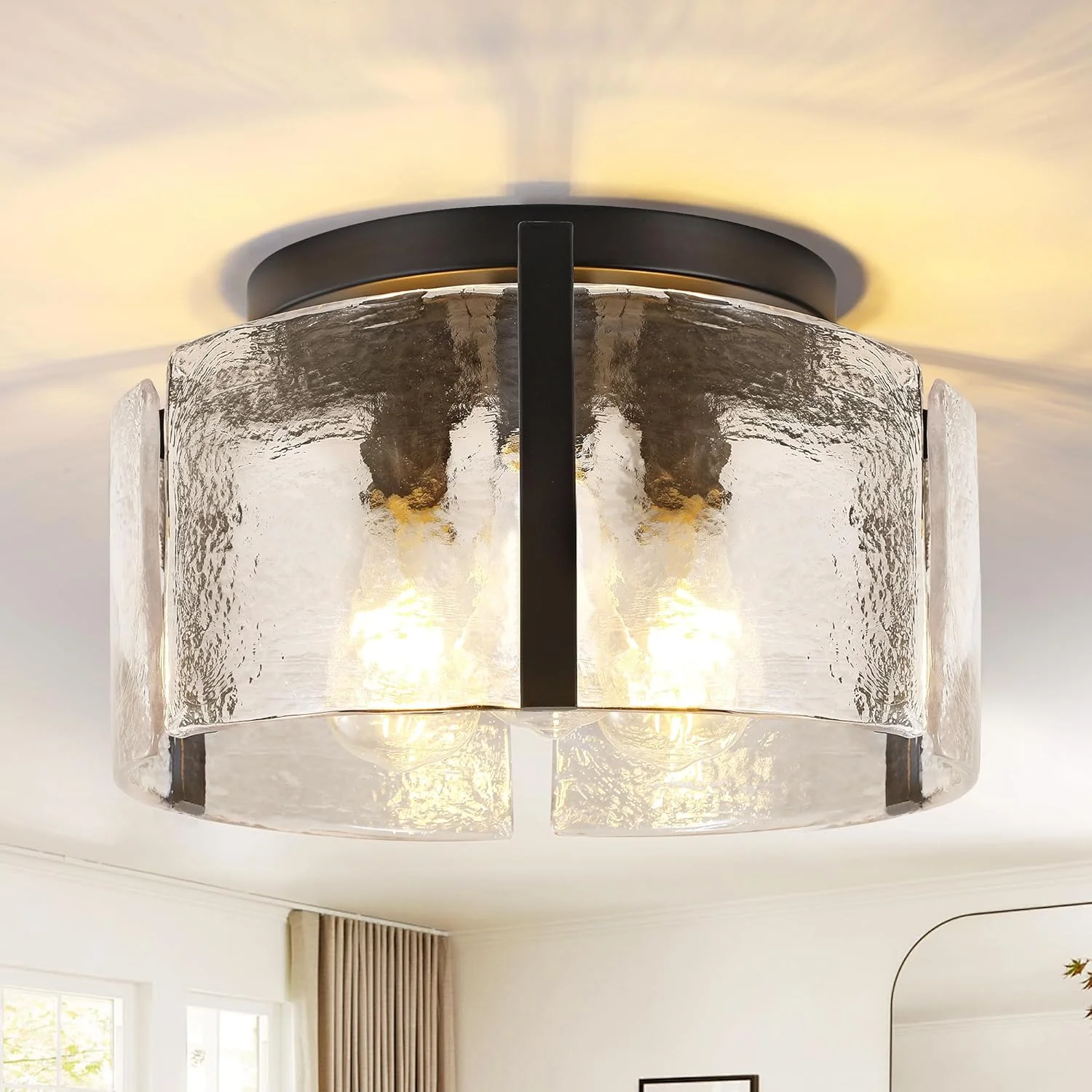 Modern Gold Semi Flush Mount Ceiling Light, Dimmable, 3-Light Farmhouse Glass Drum Light Fixture - Image 2