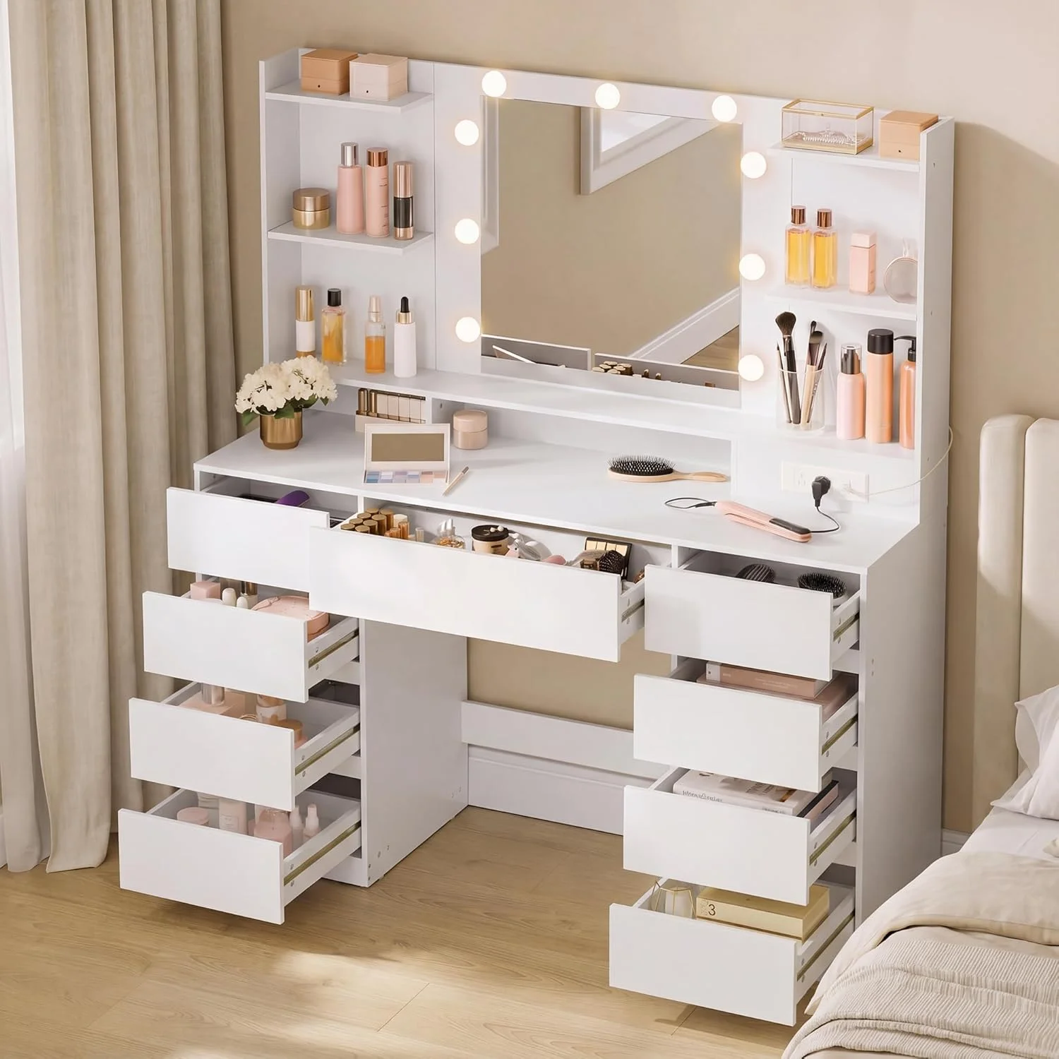 KAILYN Collection, Vanity Desk with Mirror and 9 LED Bulbs, Dressing Table with 9 Drawers - Image 9