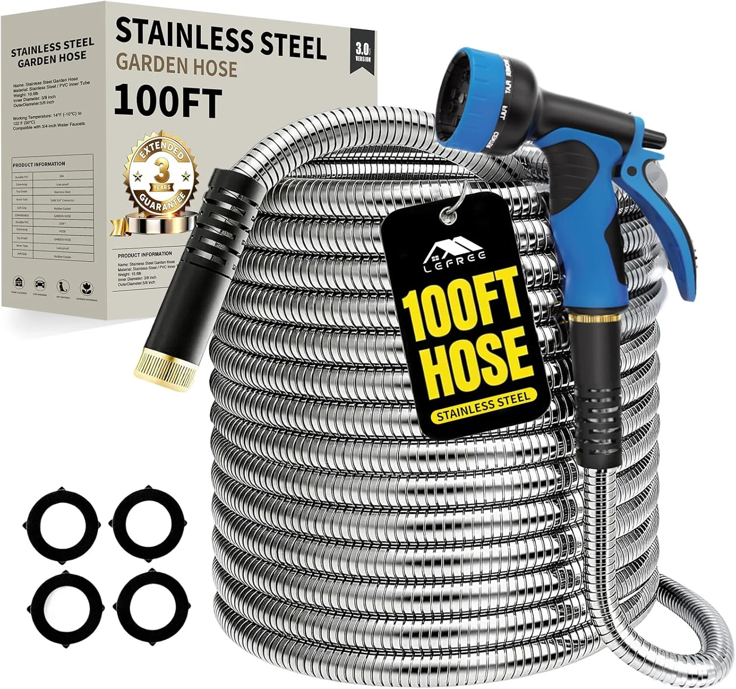 150ft Stainless Steel Garden Hose, No-Kink Leak-Proof Crush Resistant, 10-Function Nozzle for Lawn Care