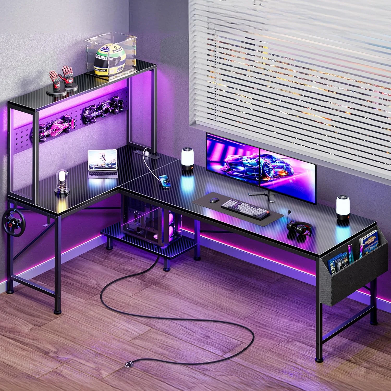 L Shaped Gaming Desk with LED Lights & Power Outlets, Reversible Computer Desk with Storage Shelves & Bag - Image 3