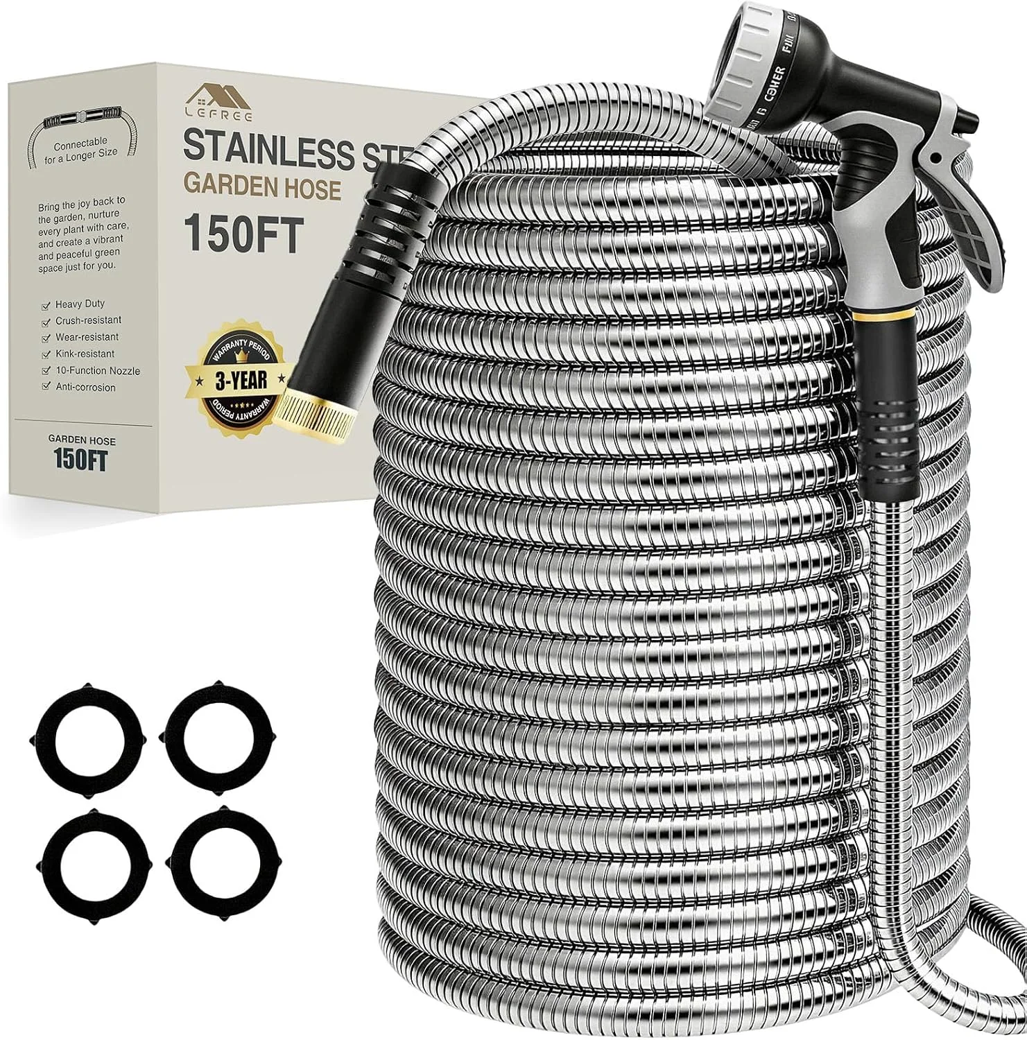 150ft Stainless Steel Garden Hose, No-Kink Leak-Proof Crush Resistant, 10-Function Nozzle for Lawn Care - Image 9