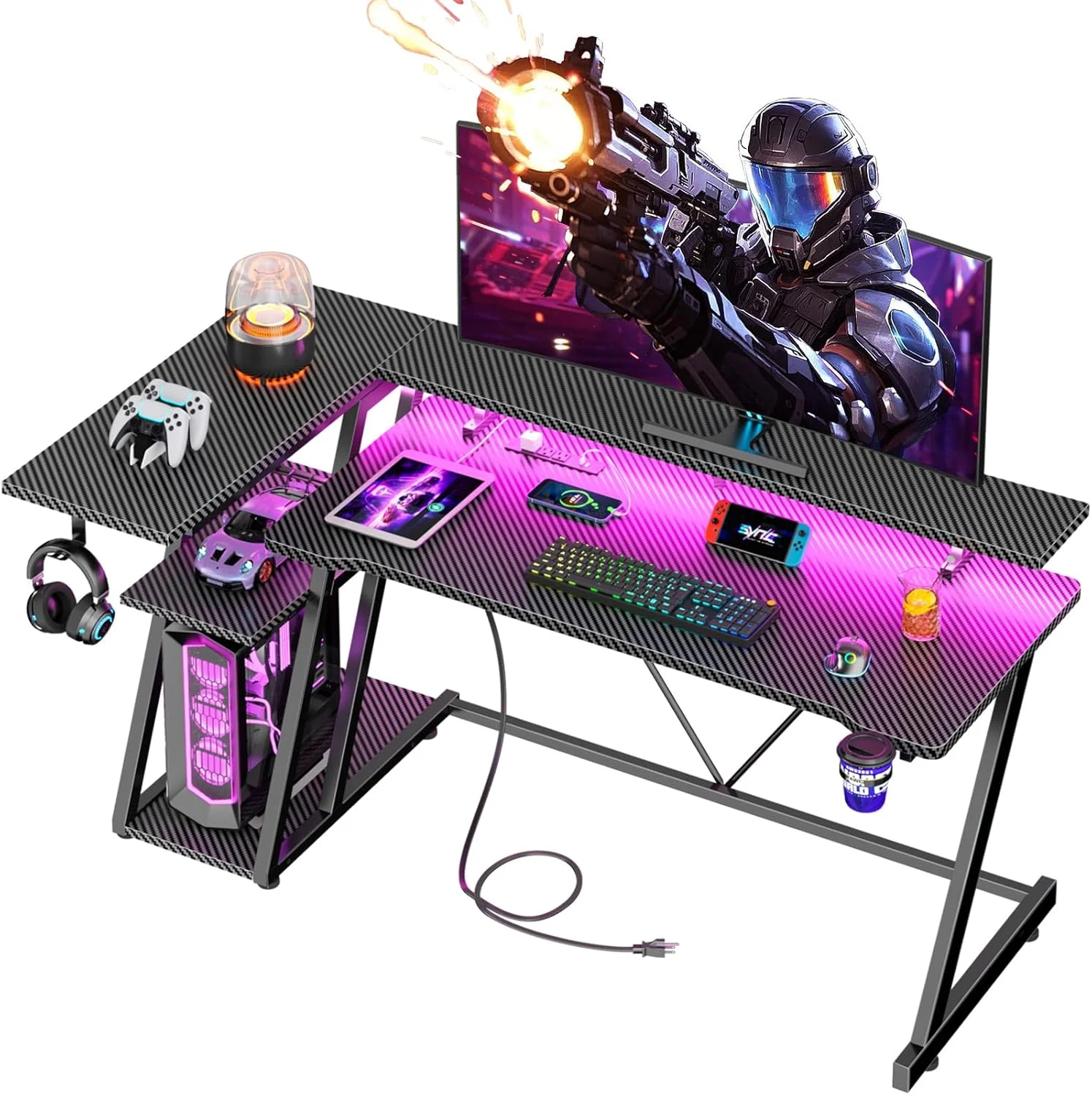 40 Inch Gaming Desk with Power Outlet & LED Lights, L Shaped Computer Gaming Table with 3 Tiers Storage Shelves - Image 2