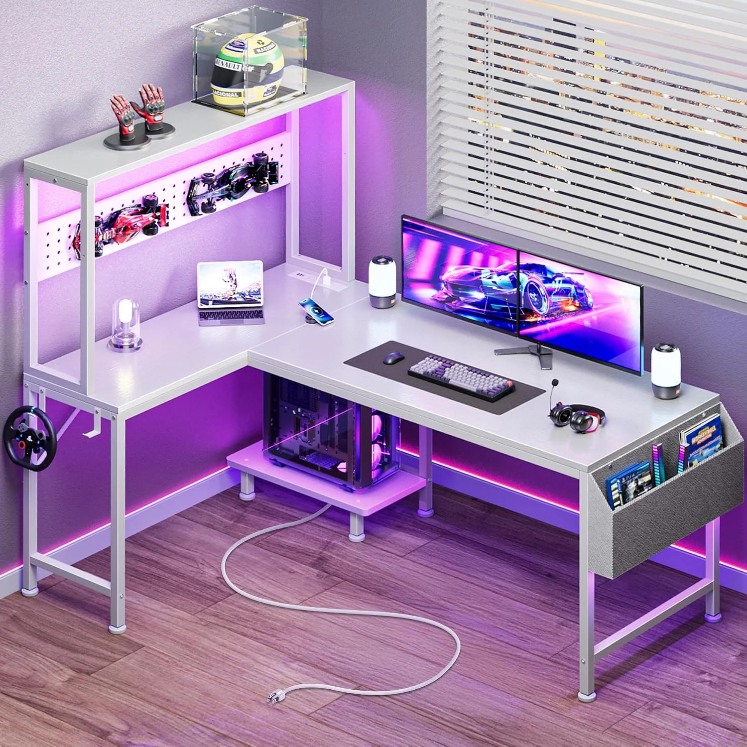 L Shaped Gaming Desk with LED Lights & Power Outlets, Reversible Computer Desk with Storage Shelves & Bag - Image 9