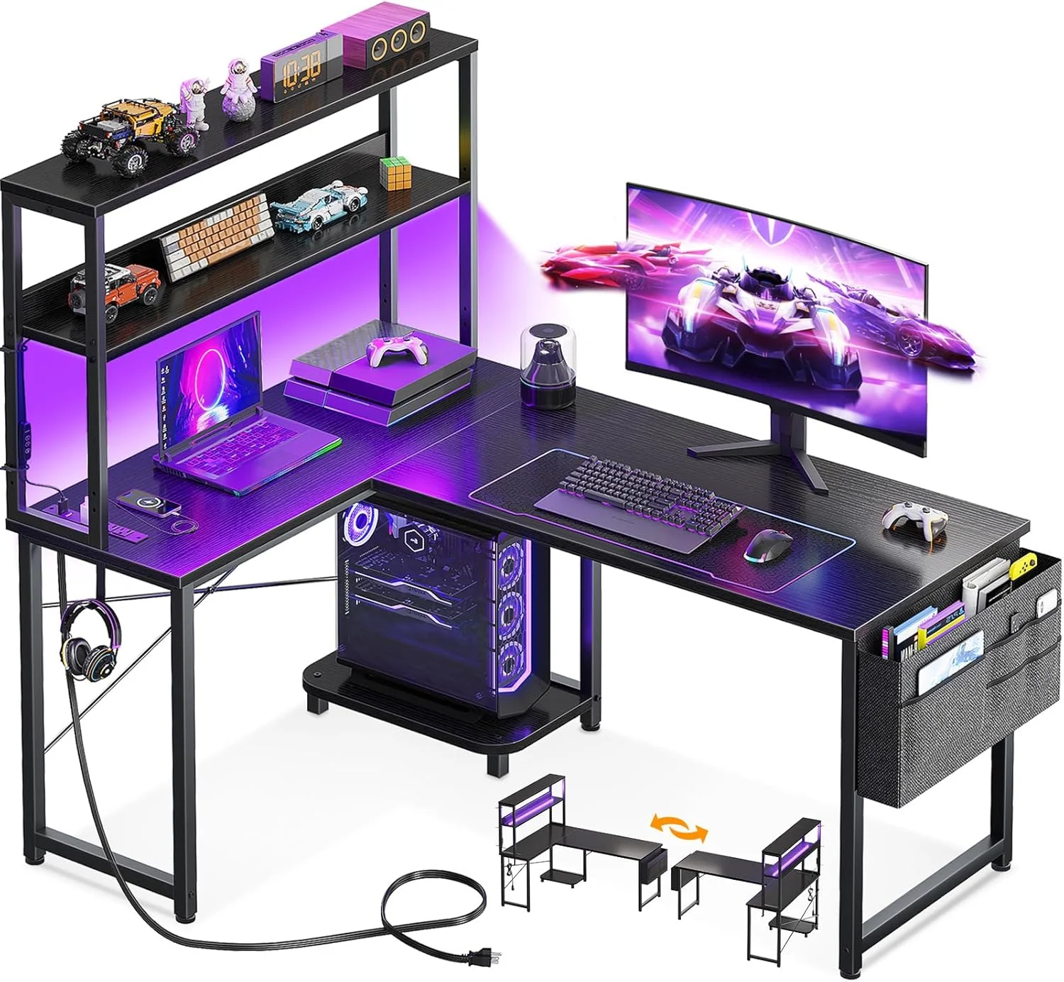 L Shaped Desk Gaming Desk with LED Light & Power Outlet, 53 Inch Black Reversible L Shaped Computer Table with