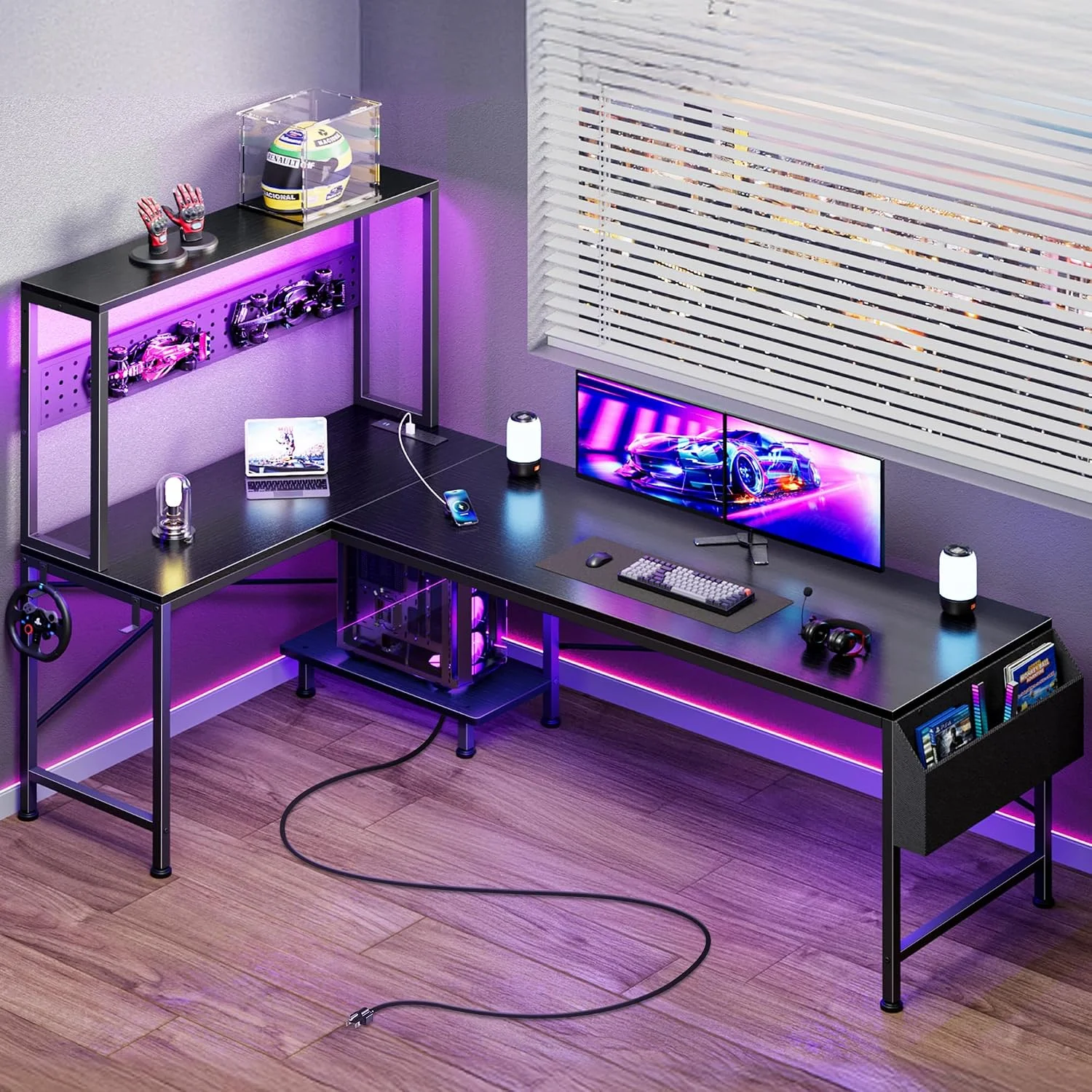 L Shaped Gaming Desk with LED Lights & Power Outlets, Reversible Computer Desk with Storage Shelves & Bag - Image 2