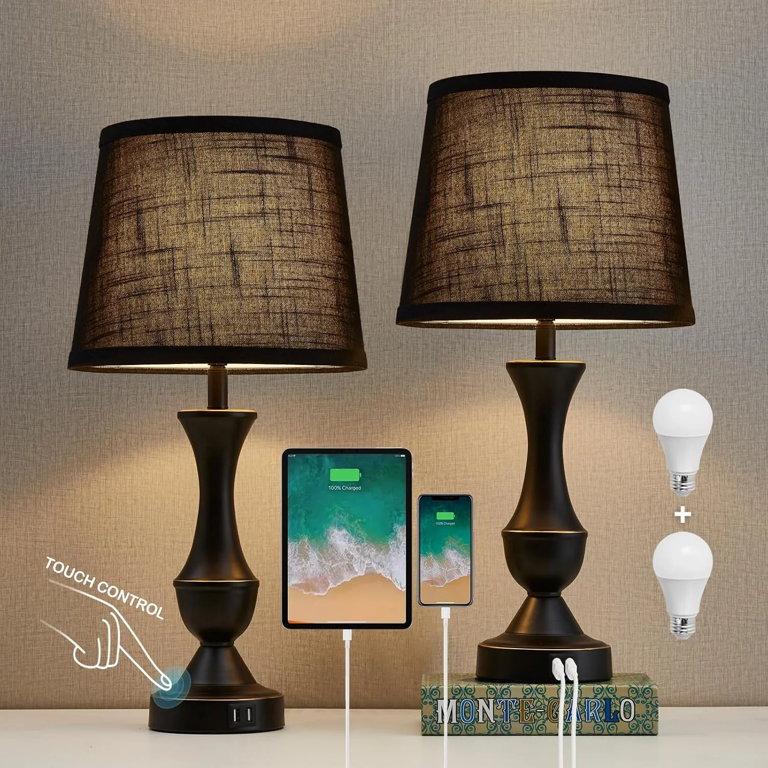 Table Lamp Set of 2, 19 Farmhouse Vintage Bedside Lamps for Living Room & Bedroom - Image 13