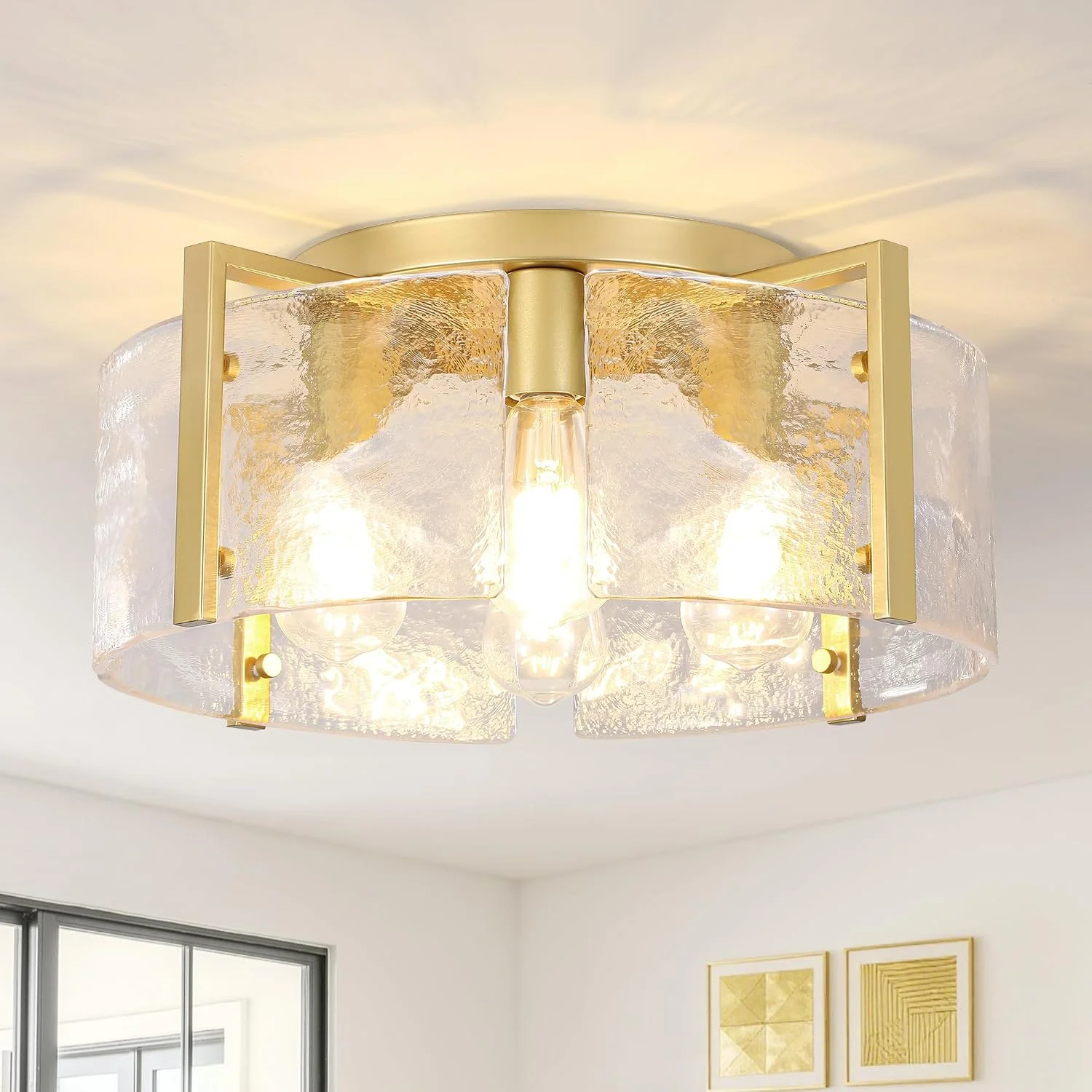 Modern Gold Semi Flush Mount Ceiling Light, Dimmable, 3-Light Farmhouse Glass Drum Light Fixture - Image 6