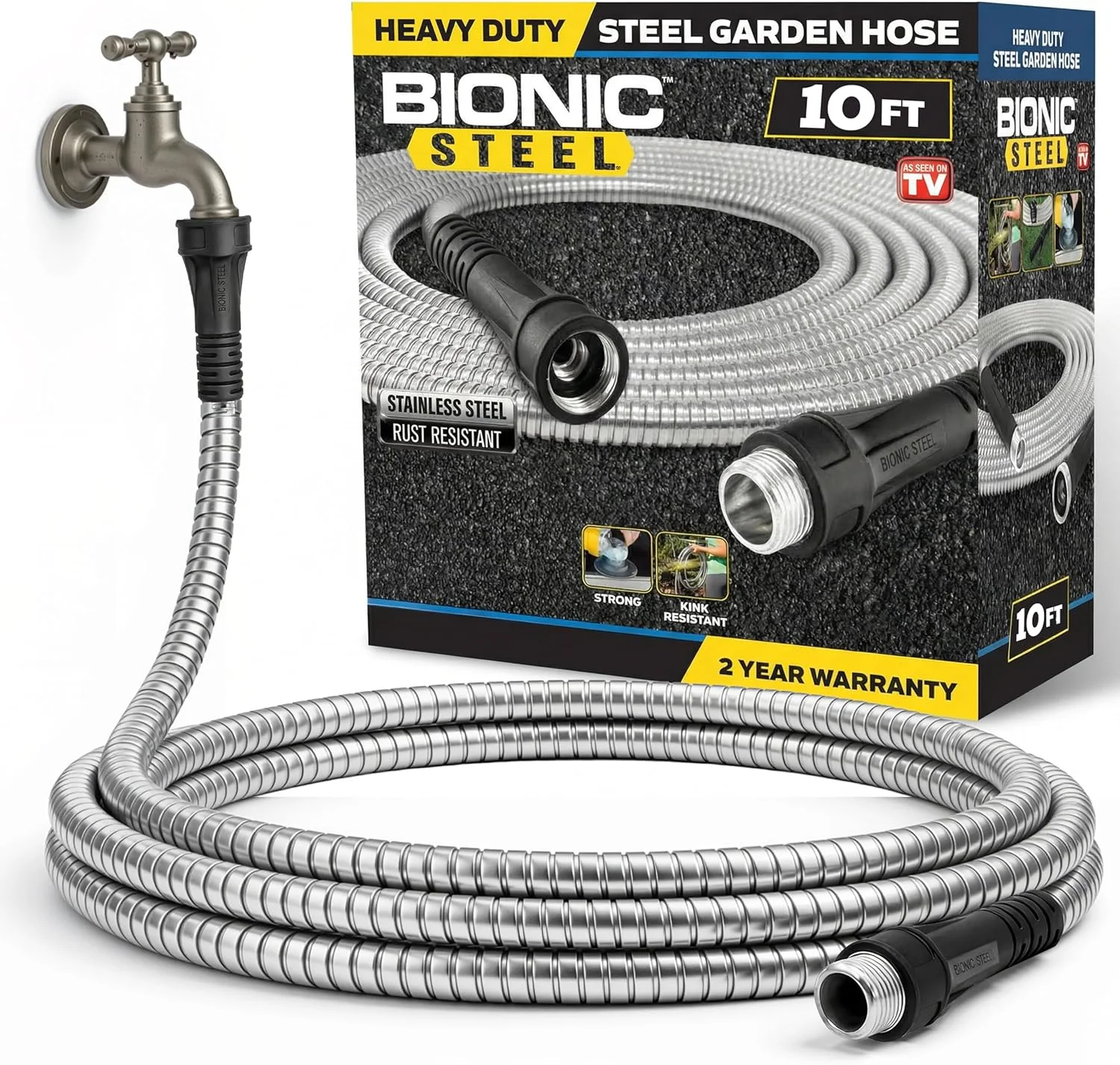 STEEL 150 Ft Metal Garden Hose with Sprayer Nozzle, Non Kinking Design, Stainless Steel Heavy Duty Water Hose - Image 3