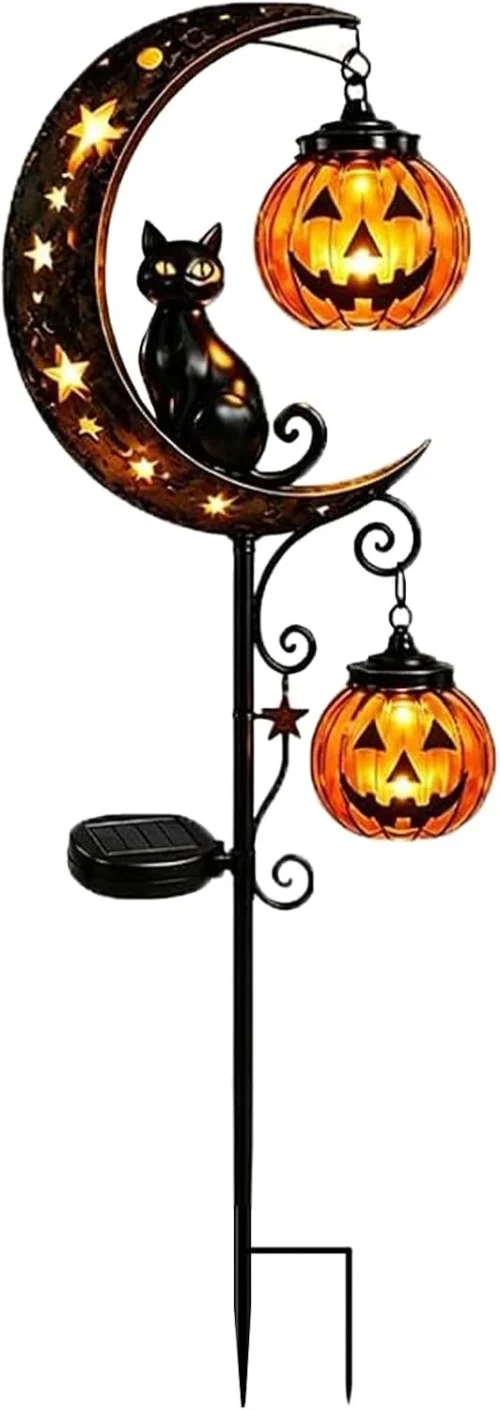 Alternative view of Halloween Garden Stake Light with Black Cat & Pumpkin Lantern, Waterproof Outdoor LED Garden Decoration, Crescent Moon Solar Yard Light for Patio