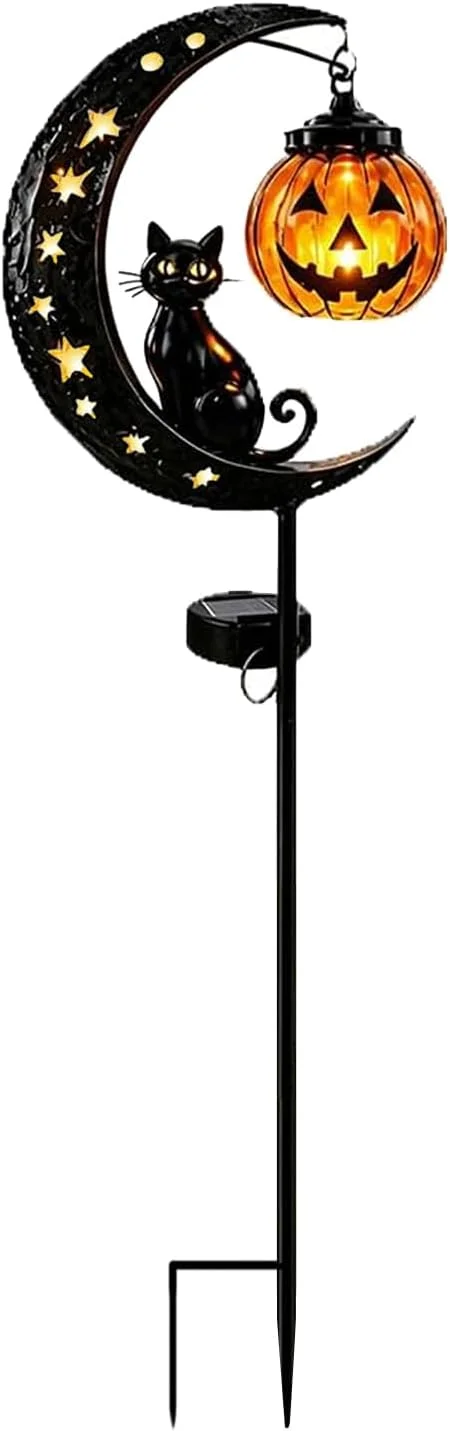Halloween Garden Stake Light with Black Cat & Pumpkin Lantern, Waterproof Outdoor LED Garden Decoration, Crescent Moon Solar Yard Light for Patio