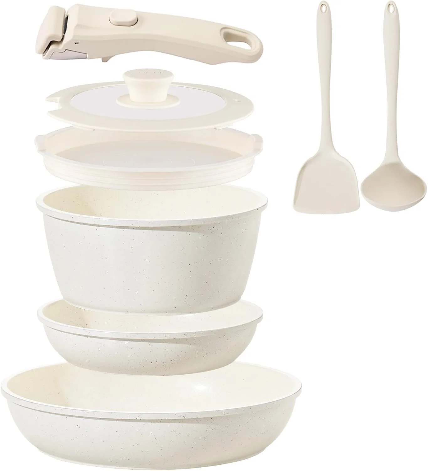 Ceramic Cookware Set Non Stick 8Pcs Pots and Pans Set Detachable Handle Induction Kitchen Cooking Set with Frying Pans Oven Dishwasher Safe, PFAS/PFOA Free, Cream White - Image 2