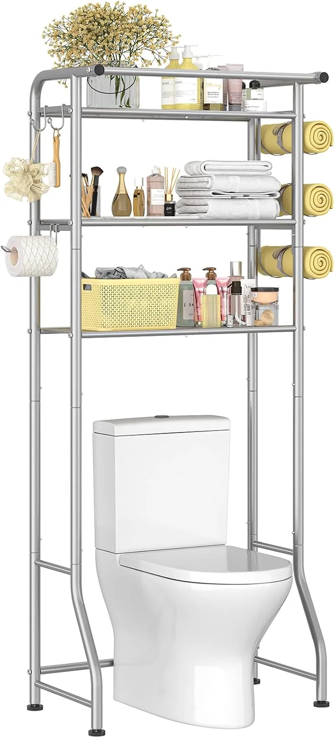 Trending Over The Toilet Storage Cabinet, Metal Bathroom Shelf Organizer with Paper Holder and Hooks, 3 Tier, Black - Image 2