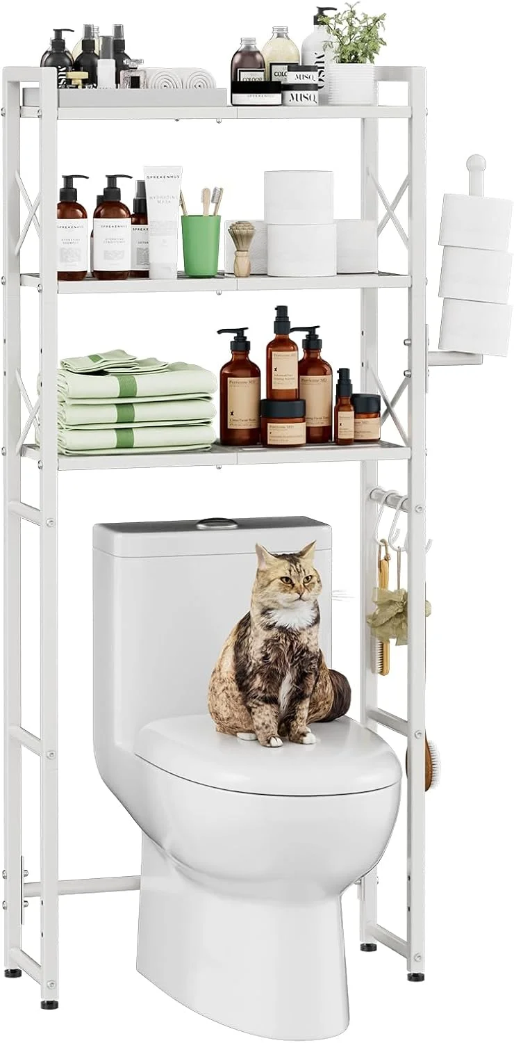 Trending Over The Toilet Storage Cabinet, Metal Bathroom Shelf Organizer with Paper Holder and Hooks, 3 Tier, Black - Image 7
