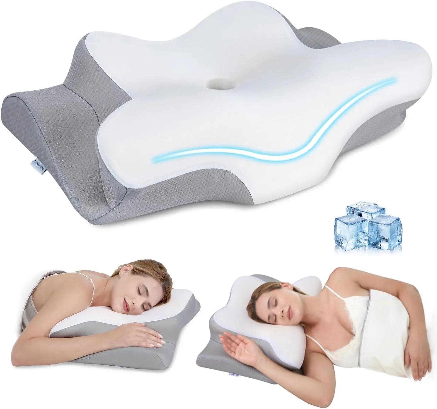 Missleep Cervical Neck Pillow,Memory Foam Pillows for Relieving Neck and Shoulder Pain, Neck Support Pillow for Side Sleepers, 2 Heights Ergonomic Pillow with Breathable Ice Silk Cover White
