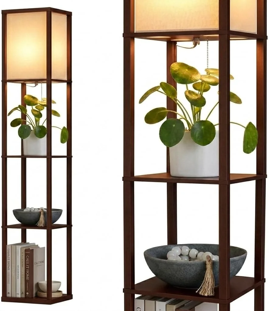 Maxwell - Modern Shelf Floor Lamp with Lamp Shade & Warm White LED Bulb, Corner Display Floor Lamp with Shelves for Living Room, Bedroom