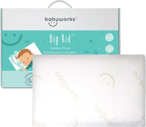 Baby Works Toddler Pillow - Soft, Supportive and Breathable Memory Foam with Hypoallergenic Bamboo Cover, Chiropractor Recommended, Washable and Removable Cover, Perfect for Cribs, Ages 12m+