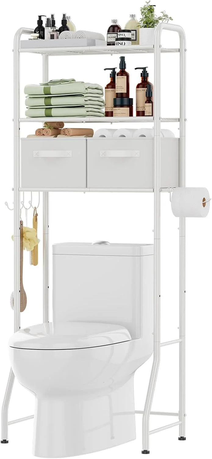 Trending Over The Toilet Storage Cabinet, Metal Bathroom Shelf Organizer with Paper Holder and Hooks, 3 Tier, Black - Image 5