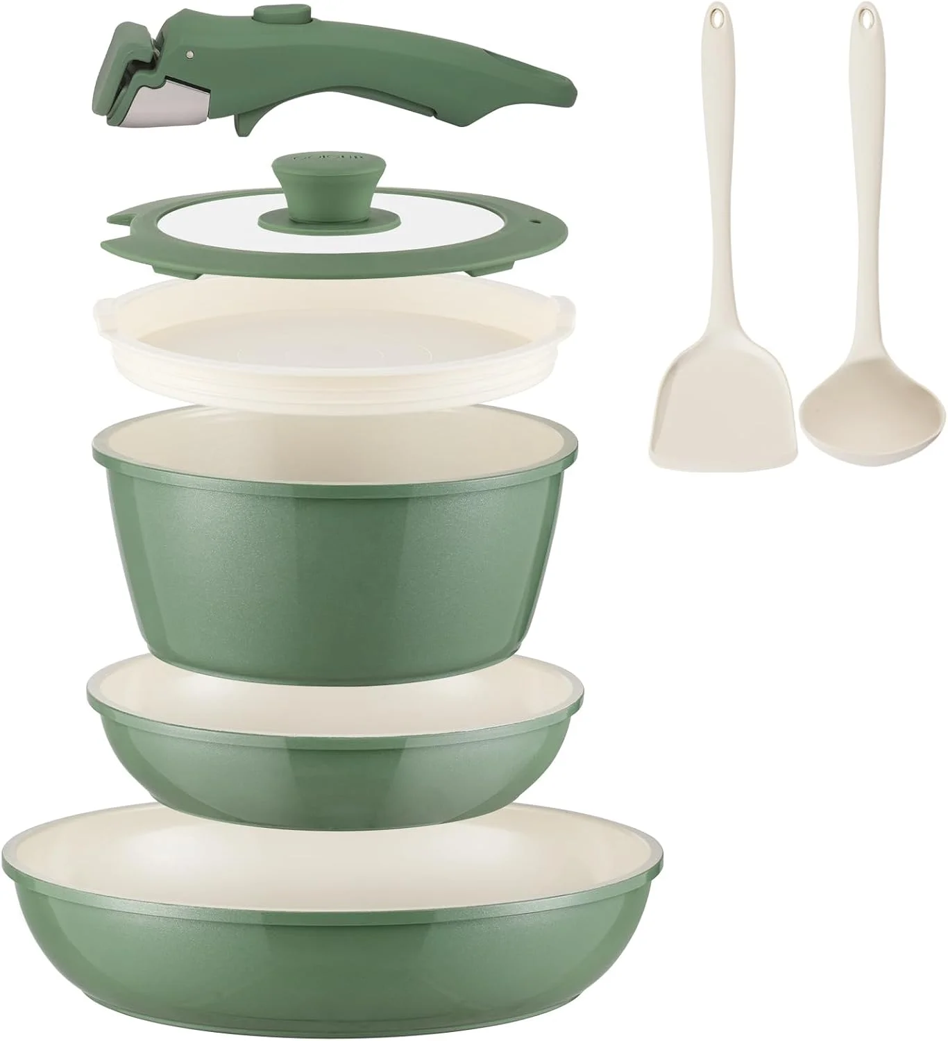 Ceramic Cookware Set Non Stick 8Pcs Pots and Pans Set Detachable Handle Induction Kitchen Cooking Set with Frying Pans Oven Dishwasher Safe, PFAS/PFOA Free, Cream White - Image 3