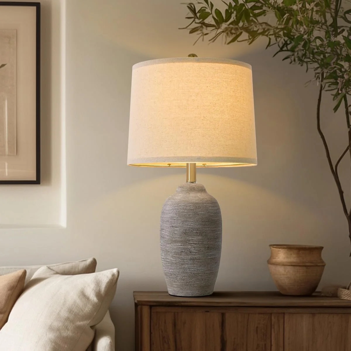24 inch Vintage Ceramic Table Lamp with 5FT Cord - Single Farmhouse Rustic Bedside Lamp with Natural Textured Finish, Nightstand Lamps for Living Room - Image 2