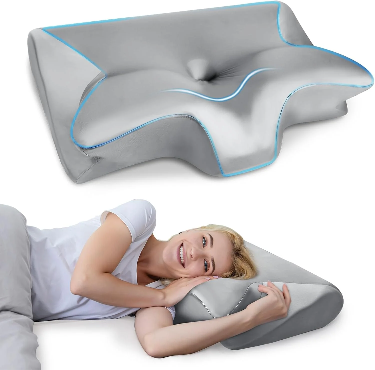 HOMCA Memory Foam Pillow, 2 in 1 Cervical Pillow for Neck Pain Relief, Ergonomic Neck Support Pillows for Side Back Stomach Sleepers with Breathable Pillowcase (Black) - Image 3