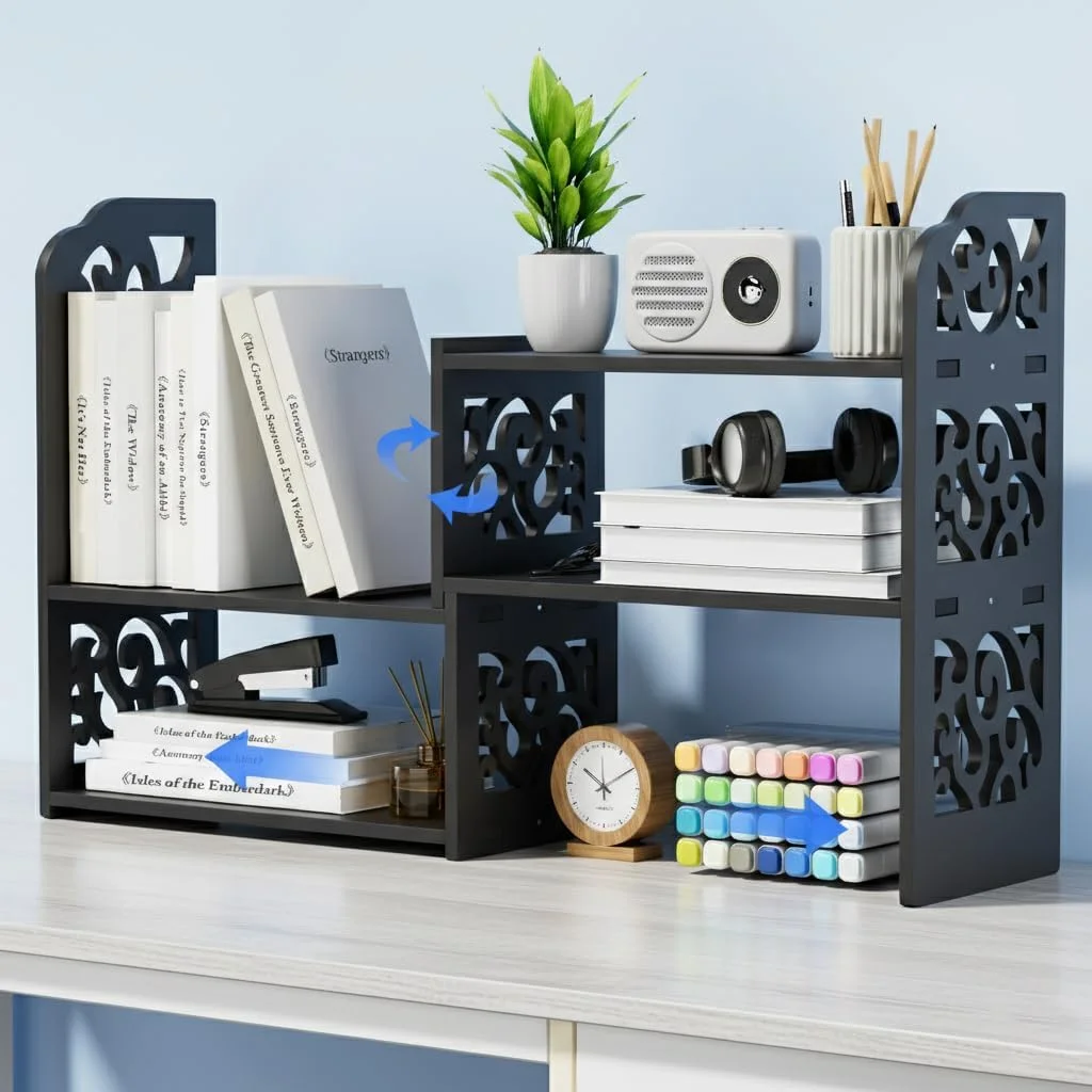 Adjustable Desktop Shelf Organizer, 3-Tier Desk Shelf, White Pattern - Image 2
