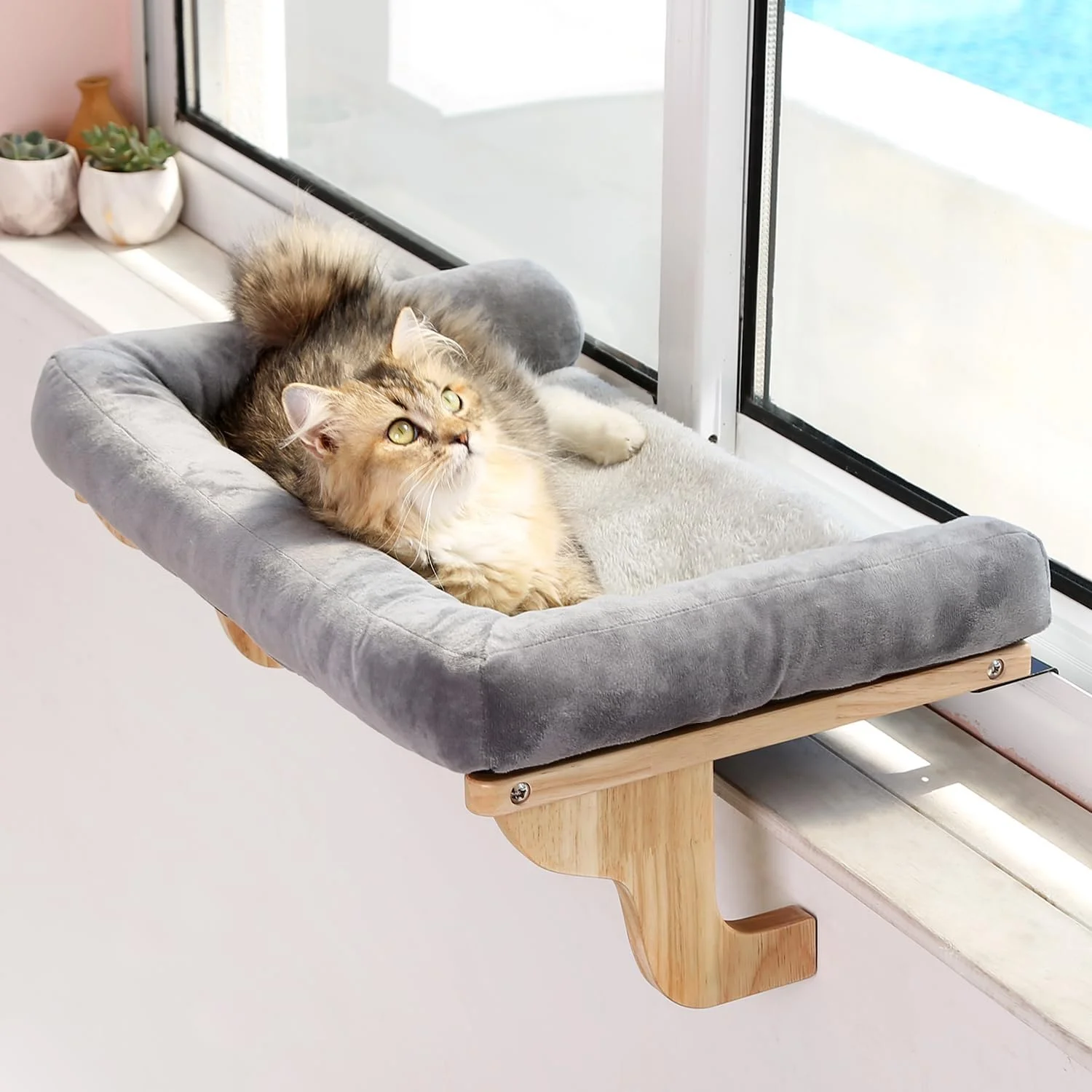 Cat Perch for Windowsill with Bolsters (Natural Wood/Gray, L) - Image 5